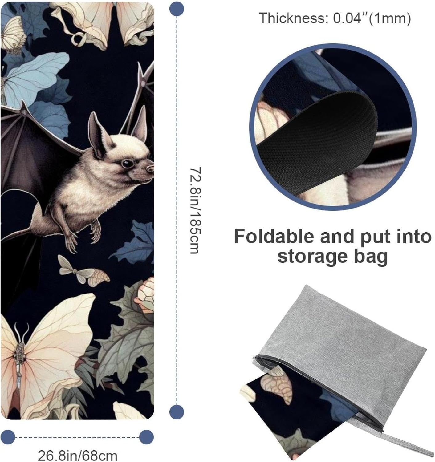 Yoga Towel, Bat Pattern Non Slip Sweat Absorbent Hot Yoga Mat Towel for Hot Yoga, Pilates and Fitness - 72.8" x 26.8"