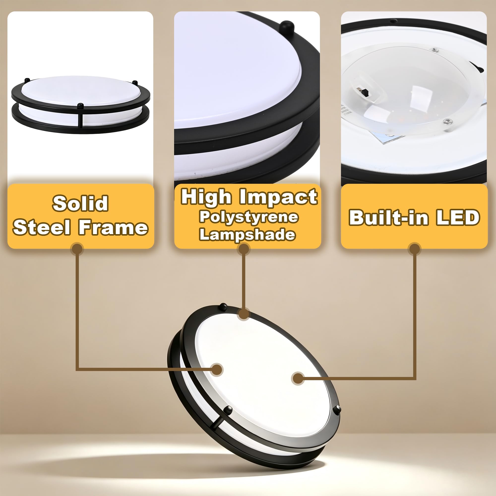 FishBelly Plafonnier LED Noir 30,5 cm pour Entrée, 2700K 3000K 3500K 4000K 5000K, Dimmable, Étanche, Plafonnier LED pour Salle de Bain, Cuisine, Entrée, Plafonnier Rond pour Couloir, 23W, 1400-1650LM