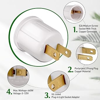 Outlet to Socket Adapter, Plug-in Light Socket, Convert Outlet to Light Bulb Socket, Polarized 2-Prong Outlet to E26 E27 Screw Base Bulb Socket, 660 Watt, 125 Volt, UL Listed (10, White Color)