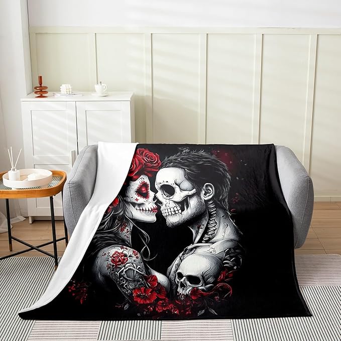 Erosebridal Sugar Skull Blanket Throw 50x60,Gothic Skeleton Floral Throw Blanket,Romantic Death Love Fleece Blanket,Spooky Rose Valentine's Day Fuzzy Blanket for Couple Women Men