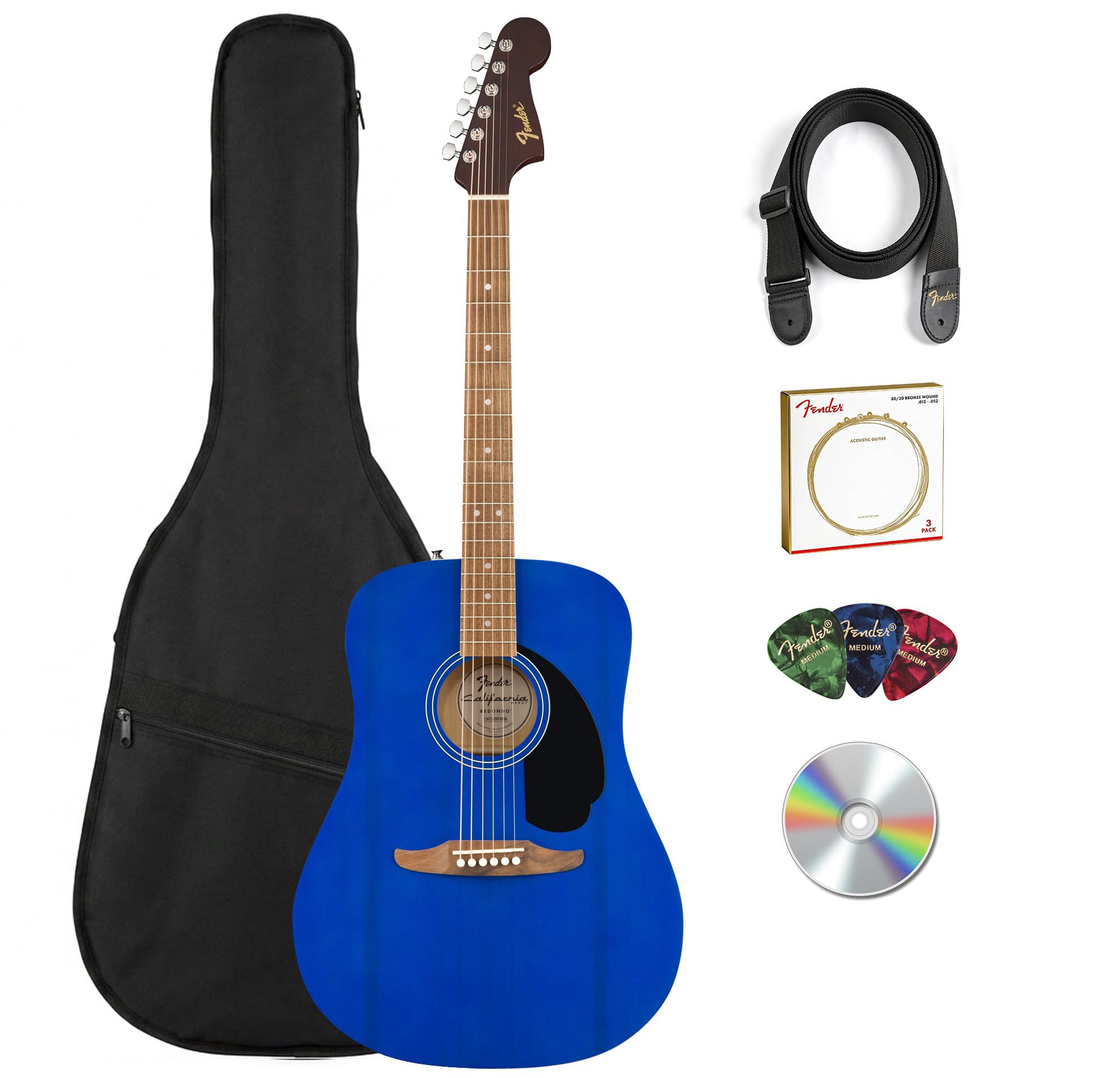 Fender California Redondo Dreadnought Acoustic Guitar - Saphire Blue Bundle with Gig Bag, Strap, Strings, Picks, and Austin Bazaar Instructional Video