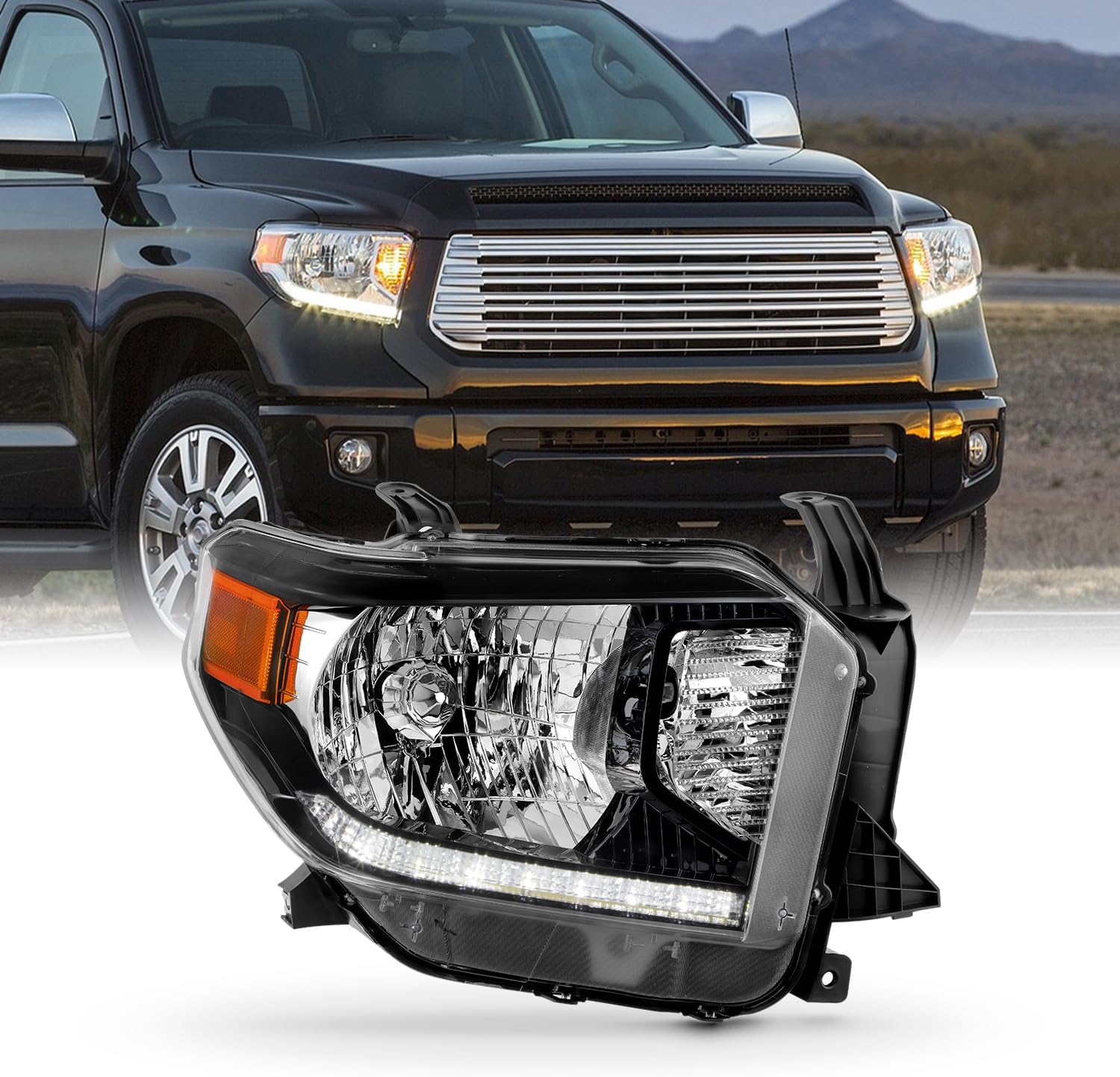 AKKON - Fit 2014-2021 Toyota Tundra Pickup Halogen Type w/LED DRL Headlight Headlamp OE Style Black Housing Passenger Right Side Direct Replacement