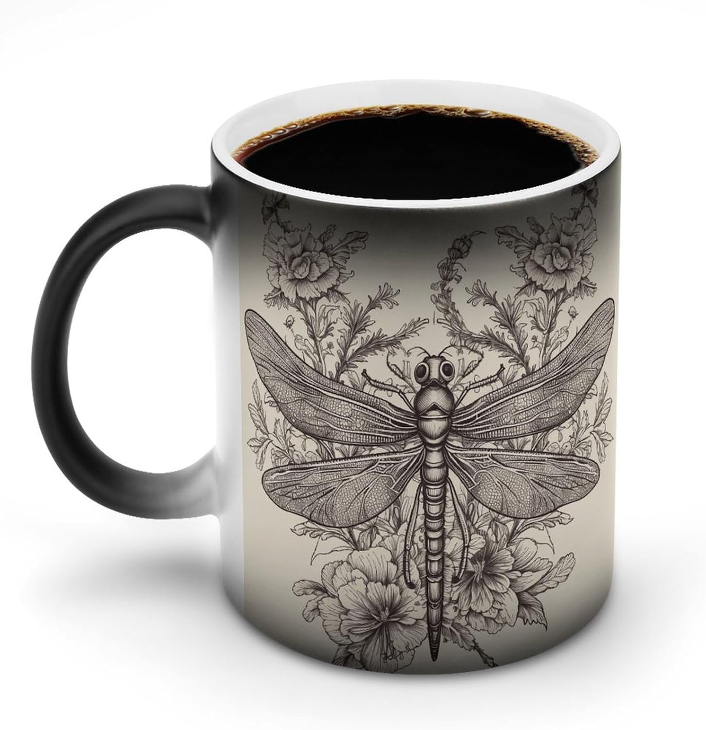 Color Changing Mug Hand Drawn Floral Dragonfly Printed Ceramic Coffee Mug Heat Changing Sensitive Mug Magic Heat Changing Coffee Mug Novelty Coffee Mugs