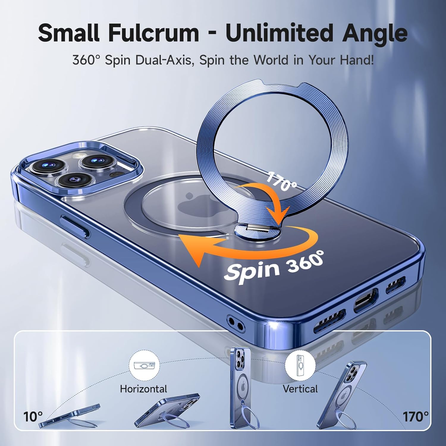 [Tri-Shield Protection] for iPhone 15 Pro Max Case with 360° Spin Stand Compatible with MagSafe [Magnetic CD Ring] [Screen & Camera Lens Protector] Shockproof Plating Never-Yellowing, Blue-6.7" - Image 2
