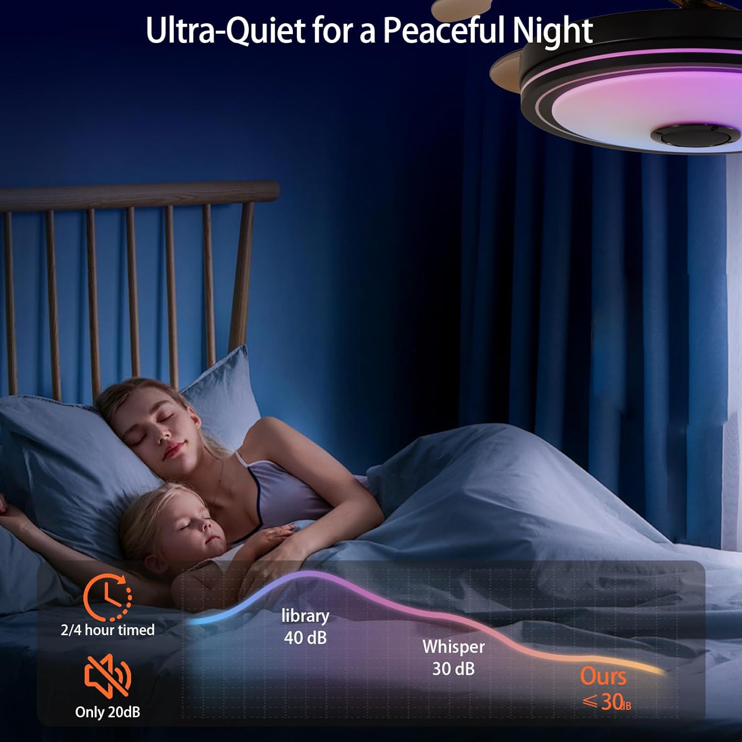 48 Inch Smart Retractable Ceiling Fan with RGB Speaker, Remote Control, Dimmable 6-Speed Reversible Function, Ideal for Living Room and Bedroom Lighting and Ventilation