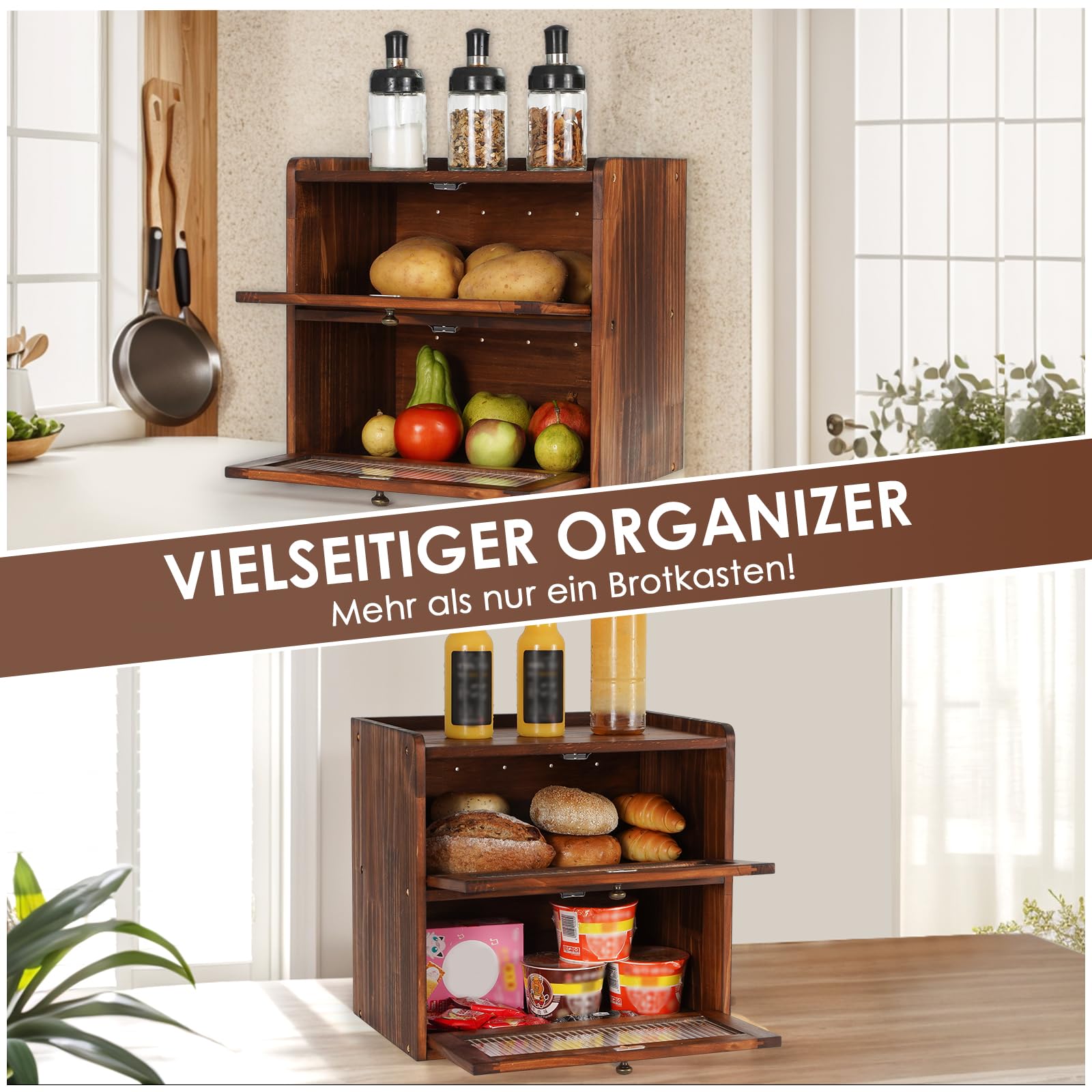 GUUSII HOME Brotkasten Groß Brotbox Küche Holz Gross Brotaufbewahrung 2 Etagen Brotkästen XL 36x24x34cm Beste Aufbewahrung für Brot mit Magnetisch Acryltür Bread Bin (braun)