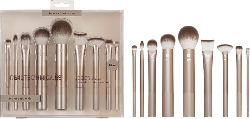 Kit de Pincéis de Maquiagem Au Naturale Real Techniques com 9 Peças, para Fórmulas Líquidas, Cremosas e em Pó, Conjunto para Viagem