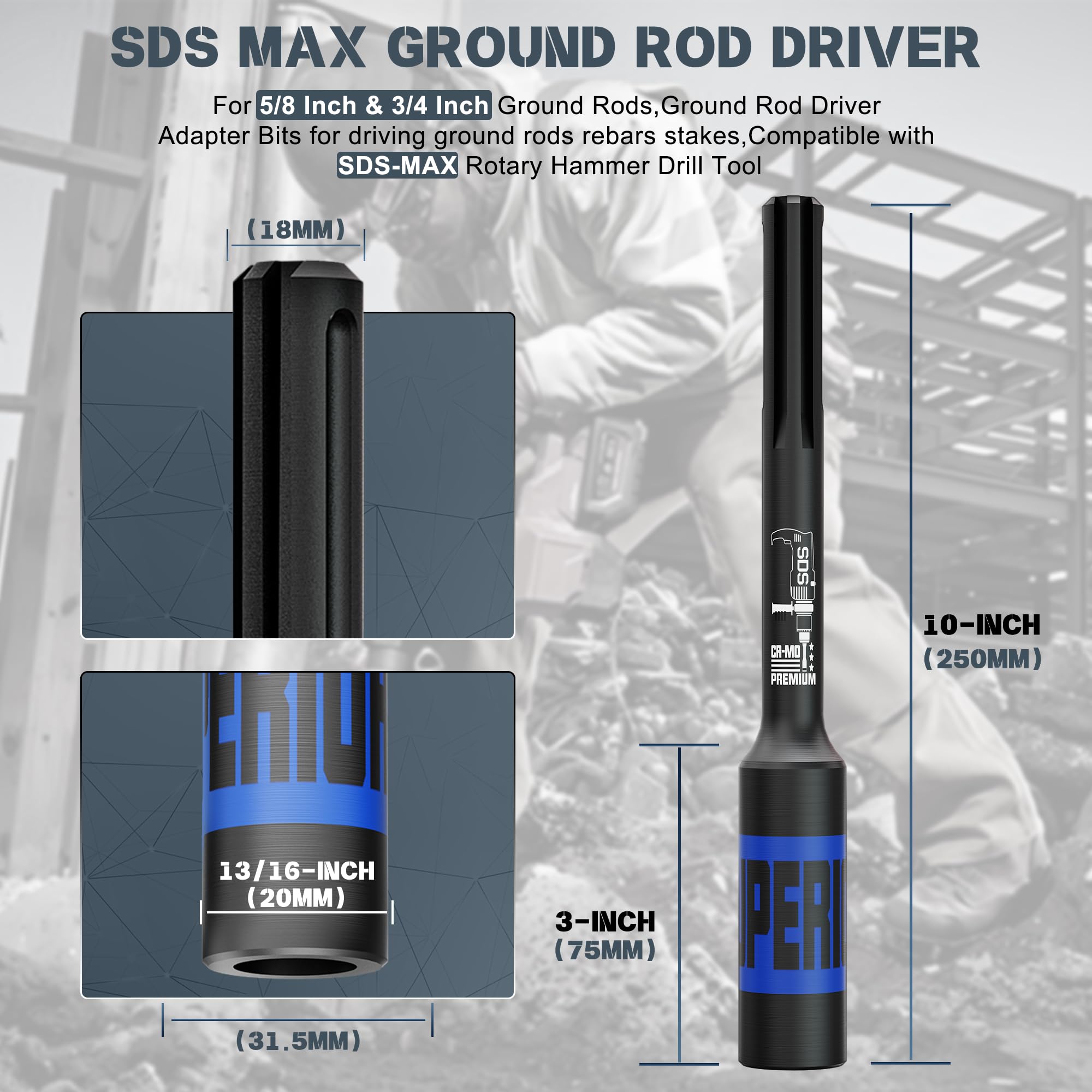SDS-Max Pilote de tige de terre pour l'entraînement de barres de terre, embouts d'adaptateur de tige de terre, compatible avec marteau rotatif SDS-Max, diamètre intérieur 20 mm