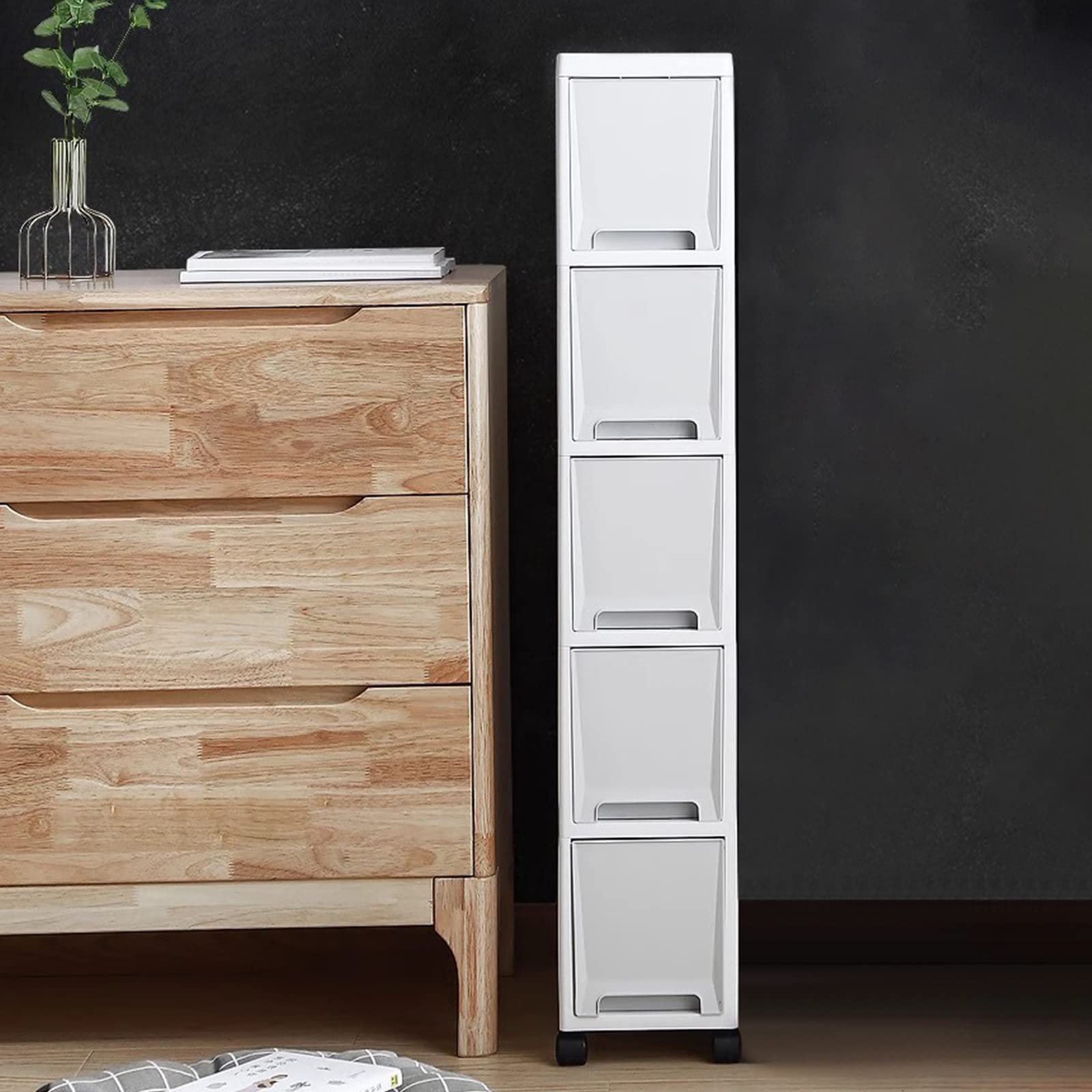 Cajones de almacenamiento apilables, gabinete de piso independiente de esquina, carrito de almacenamiento con ruedas angosto y Delgado de 3/4/5 niveles para cocina, baño,