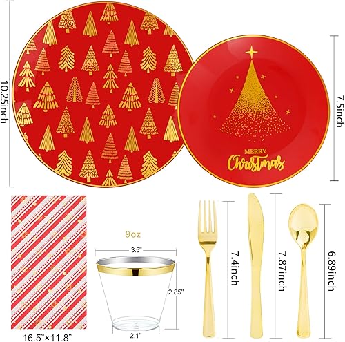 Miniatura 2 de Hioasis 175 platos de plástico blanco y platos desechables dorados y servilletas preenrolladas, cubiertos dorados incluyen 25 platos de cena, 25