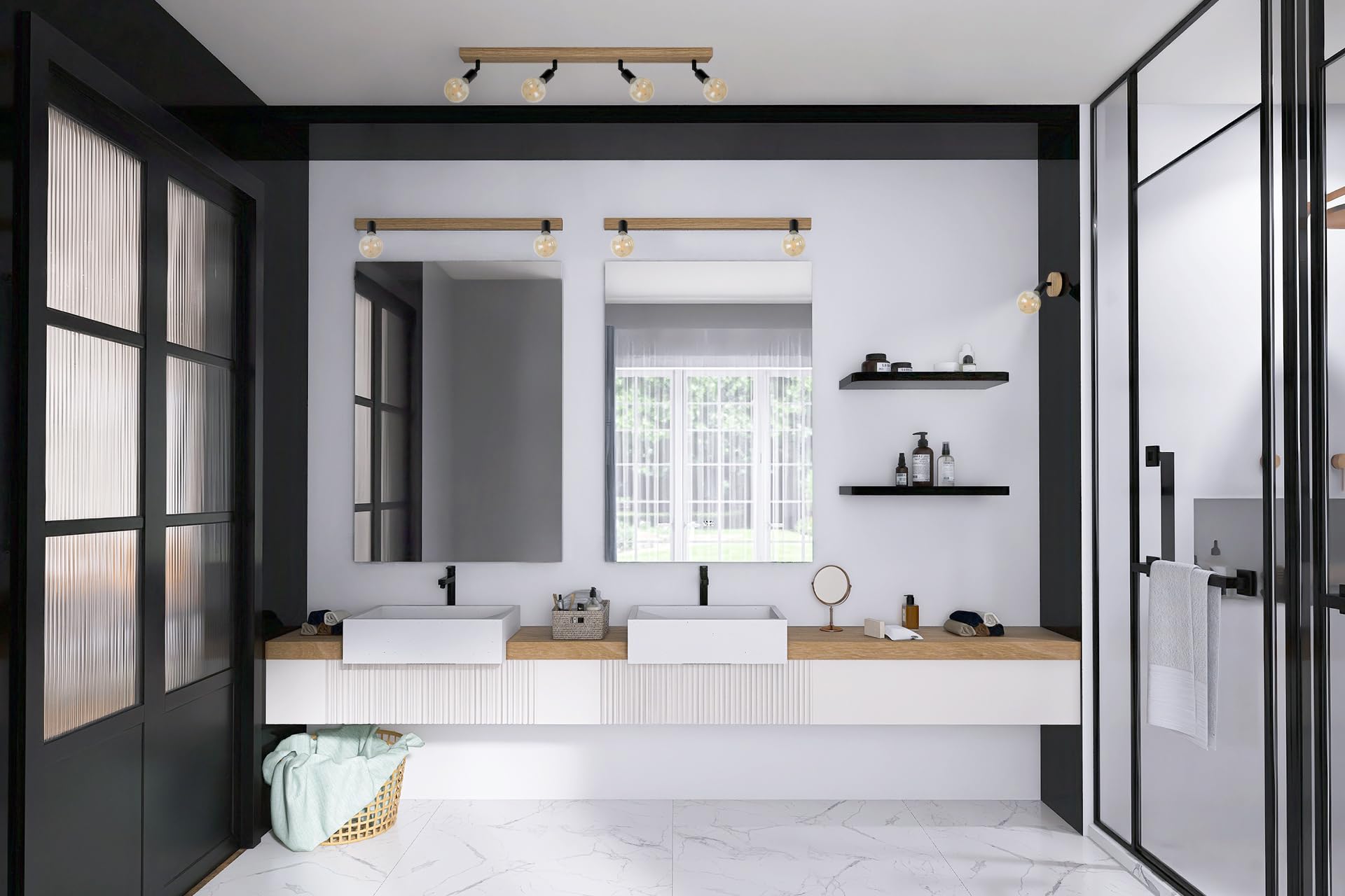 LED Wood Deckenstrahler 2 Flammig Schwenkbar - Handgefertigte Deckenlampe Vintage aus Eichenholz - E27 Deckenleuchte Industrial - Lampe Decke für Wohnzimmer, Schlafzimmer und Küche - Ohne Leuchtmittel