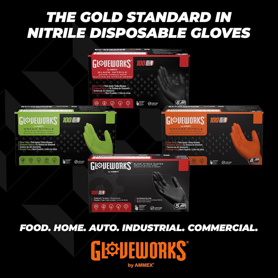a.m.a handiworks　HD GLOVEWORKS HD Industrial Black Nitrile Gloves - 6 mil, Latex