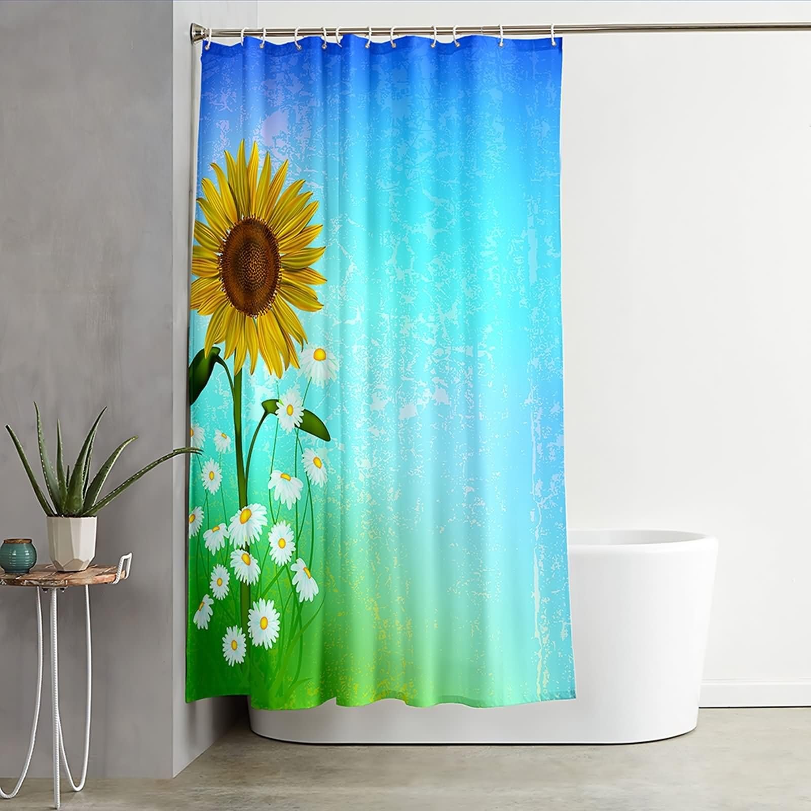 Duschvorhang 180X200, Duschvorhang Textil Waschbar Blau Gelb Grün Sonnenblumen und Gänseblümchenmuster Stilvoller Duschvorhang