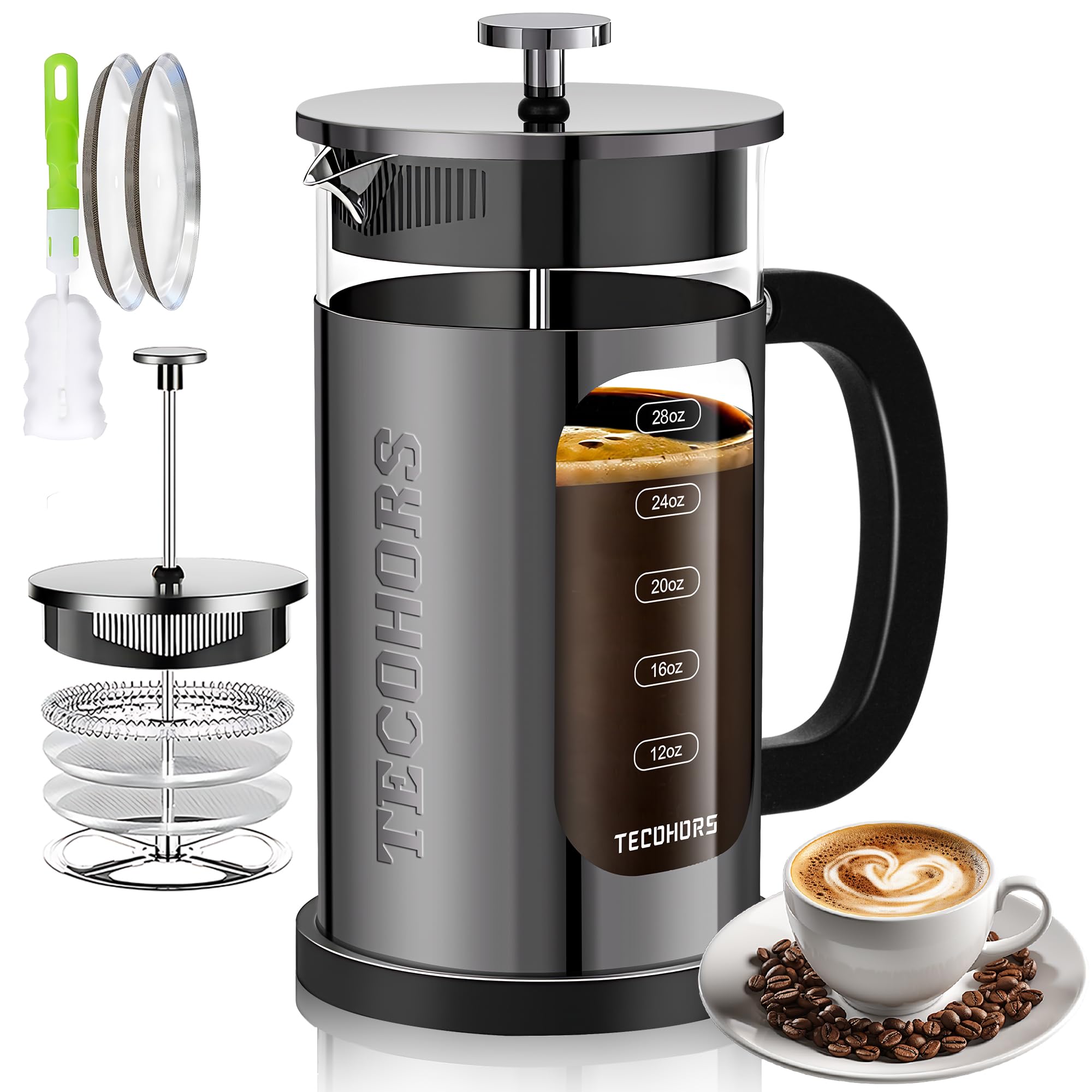 French Press ekspres do kawy ze stali nierdzewnej 304, z systemem 4 filtrów, odporne na wysokie temperatury, szkło borokrzemowe, zaparzony dzbanek do kawy (jasnoczarny)