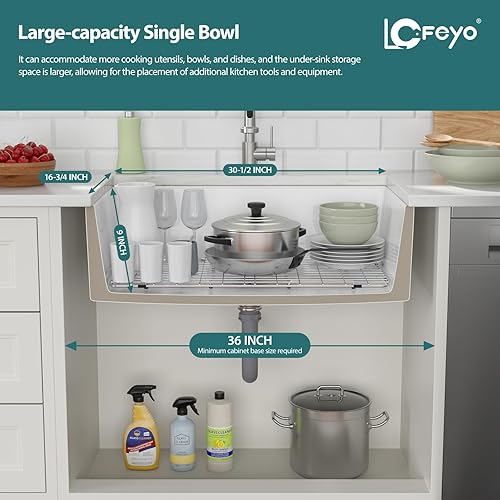 Miniatura 6 de Fregadero de cocina blanco de 33 pulgadas, delantal curvado frontal de arcilla refractaria de cerámica, porcelana, cuenco individual de cocina de