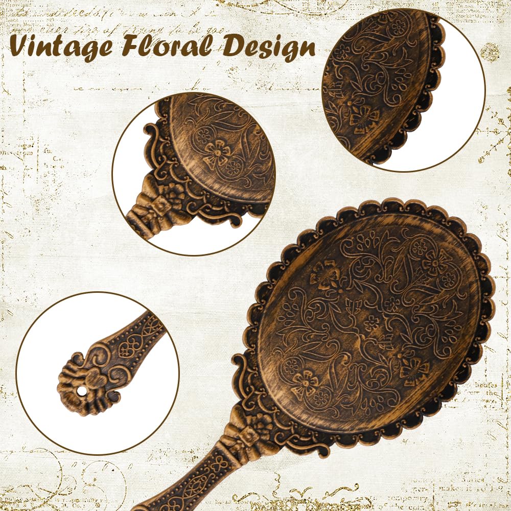 3 Pezzi Specchio a Mano, Specchio per Trucco Con Maniglia, Specchio Vintage Floreale in Rilievo, Mini Specchio Ovale su un Solo Lato per Ufficio Di Viaggio (Nero, Oro Rosa, Bronzo)