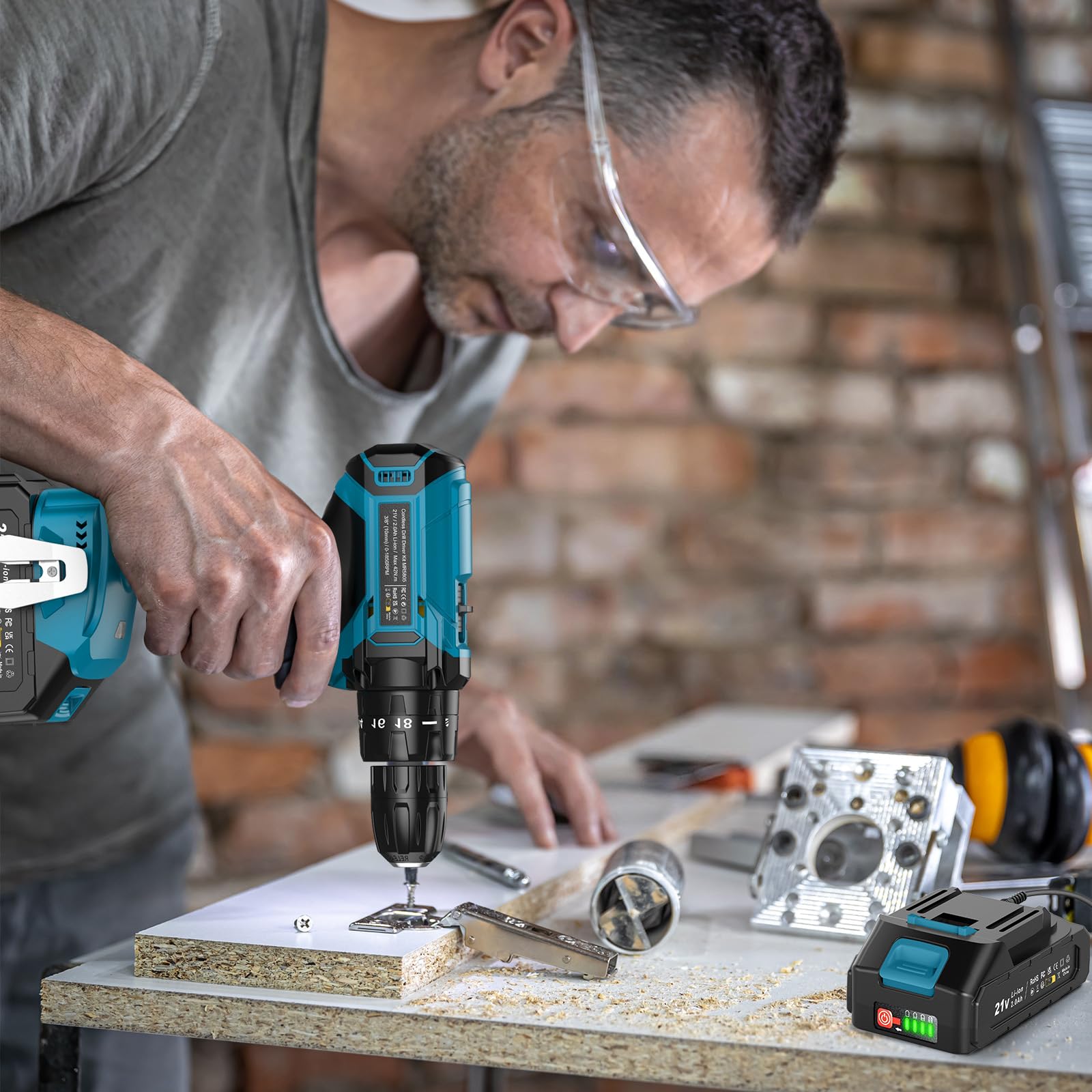Taladro Atornillador Bateria 21V, LEEIKOO Atornillador Electrico con 2.0Ah Batería, 42Nm, 18+1 Ajuste de Par, 20 Accesorios, 2 Velocidad, LED Luz Para Hogar, Bricolaje, Azul