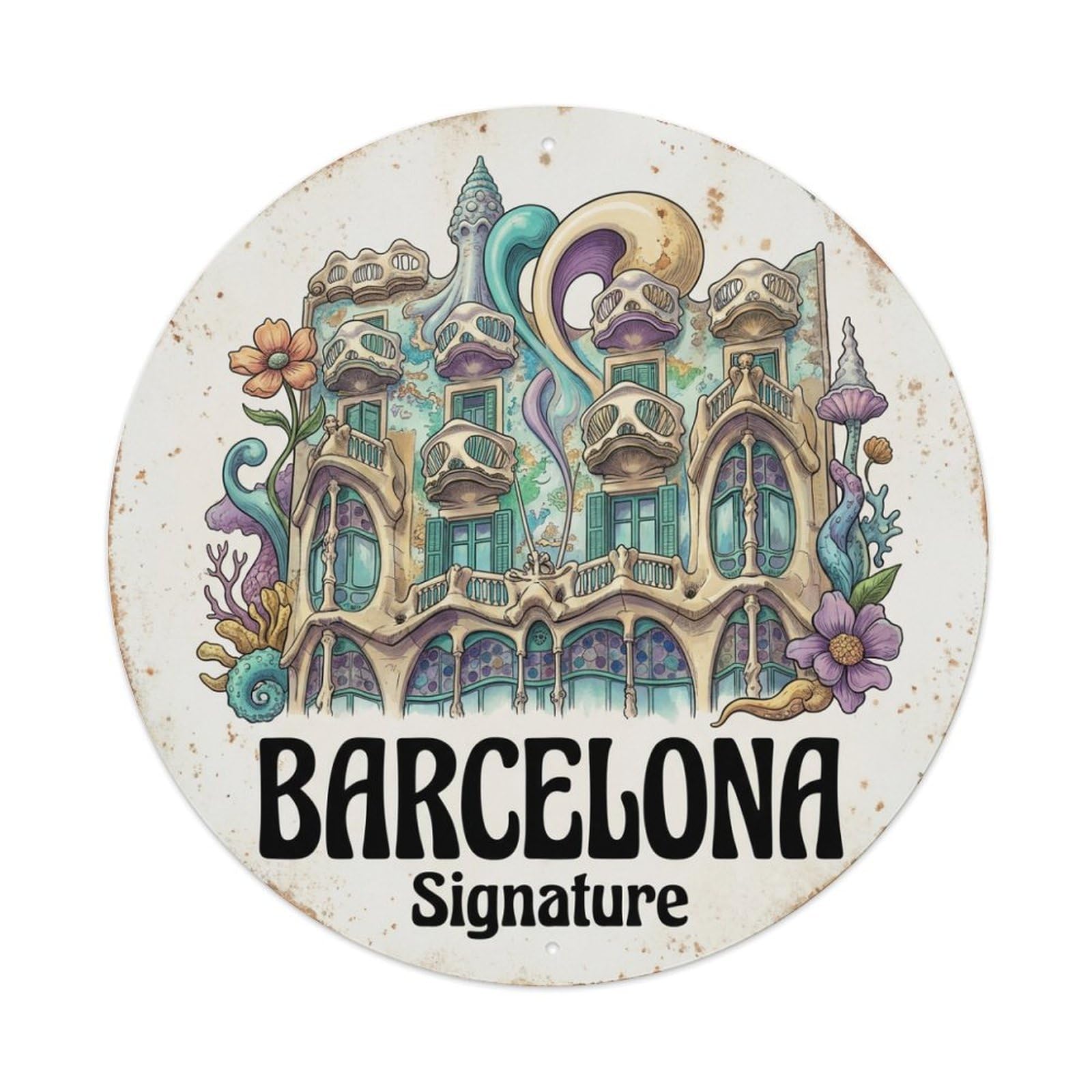 Metal Tin Sign Vintage Travel Barcelona Spain Symbo