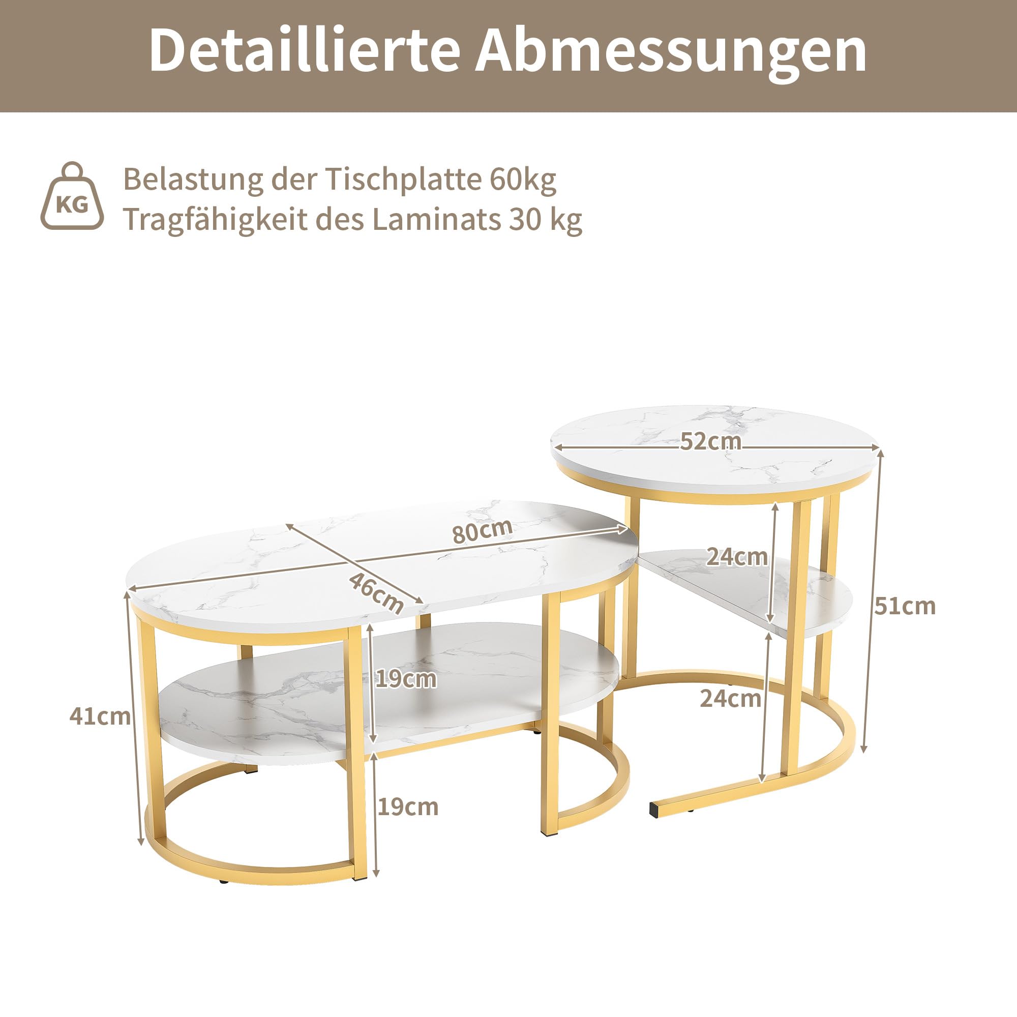Juego de 2 mesas de café con aspecto de mármol, mesa auxiliar moderna con estructura de metal dorado, mesa auxiliar ovalada y redonda con 2 estantes para salón, mesa de café que ahorra espacio