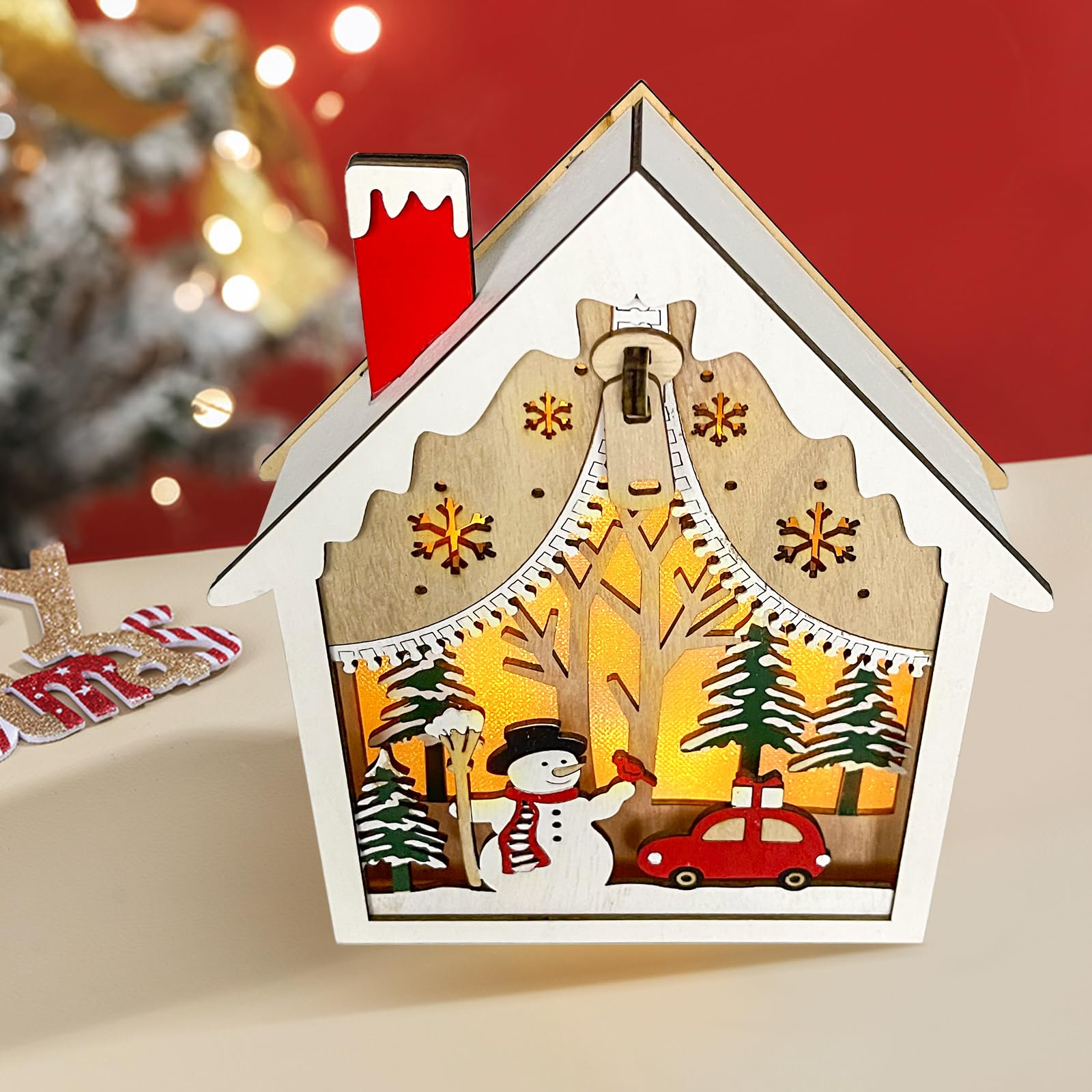Bseical Decoración Navidad Casa Interior, Luces De Navidad Casita, Centro De Mesa Navidad, Decoraciones Navideñas De Madera con Led Luz, Adornos Navidad Hogar, Miniaturas Village Pueblo Escenas (B)