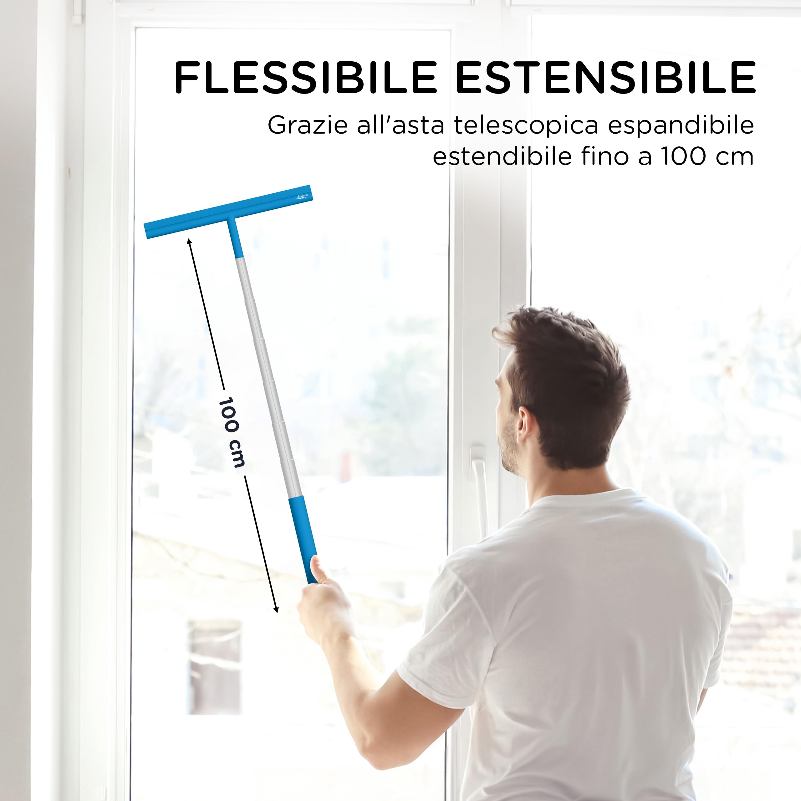 Tergivetro per doccia silicone blu - Con gancio di aspirazione & telescopica fino a 100 cm I Tira acqua da doccia I Tiraacqua per vetri Pulizia doccia I Pulitore Asciuga vetri Pulisci vetro