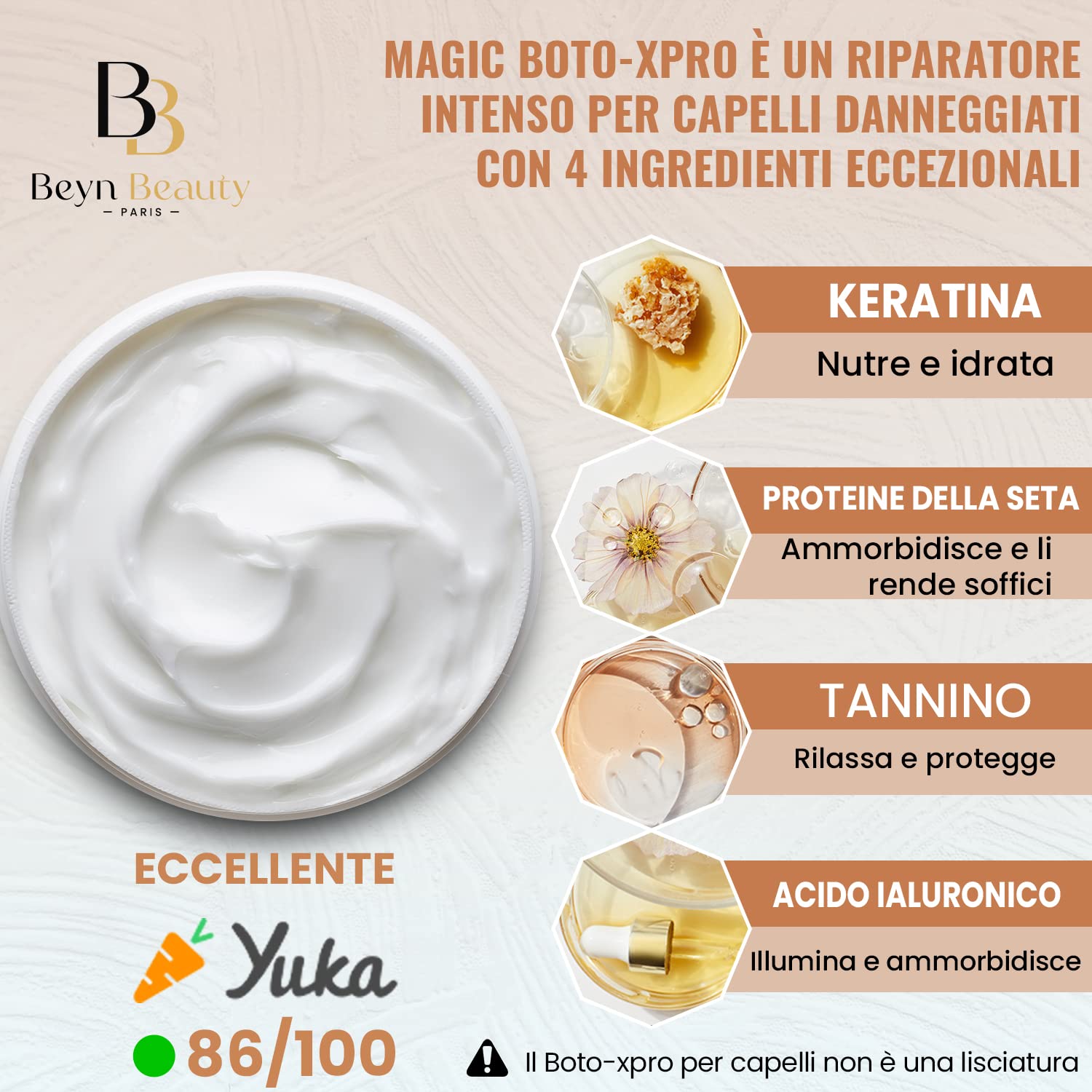 Maschera Capelli Ristrutturante Magic Botoxpro, Trattamento capelli danneggiati, Idratante, lisciante, rinforzante, Acido ialuronico, cheratina, tannino, Made in France (Muschio Bianco)