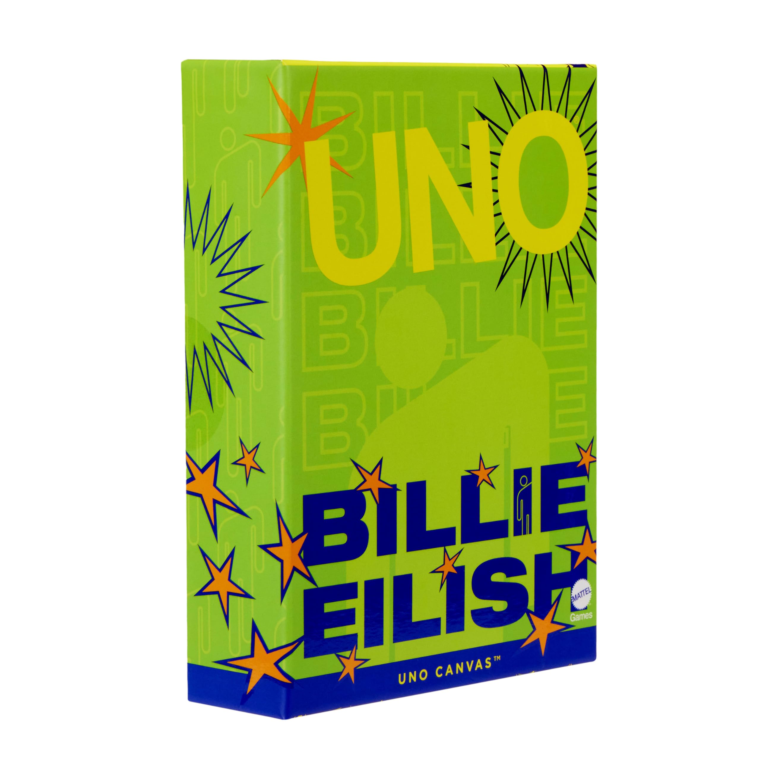 Mattel Games Gry Mattel Karty UNO Canvas Billie Eilish Towarzyska gra karciana, rodzinna i imprezowa, dla dzieci i dorosłych, karty z grafikami wybranymi przez artystkę, zabawka 7+, JFP02