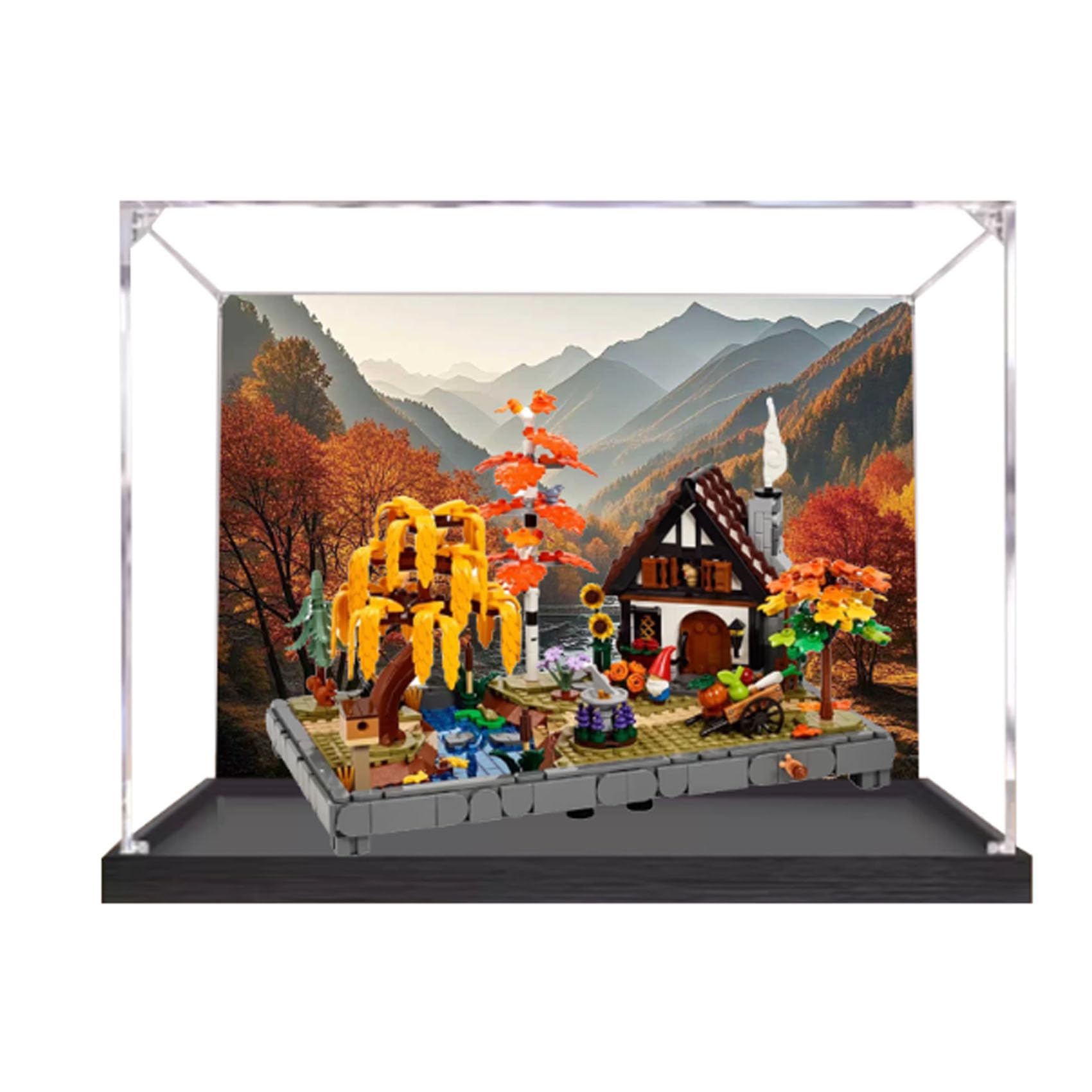Acrylic Display Case for Le-go 11372 Autumn Cottage Garden Model, Dustproof Display Box (display box only) (StyleA Background 3mm)