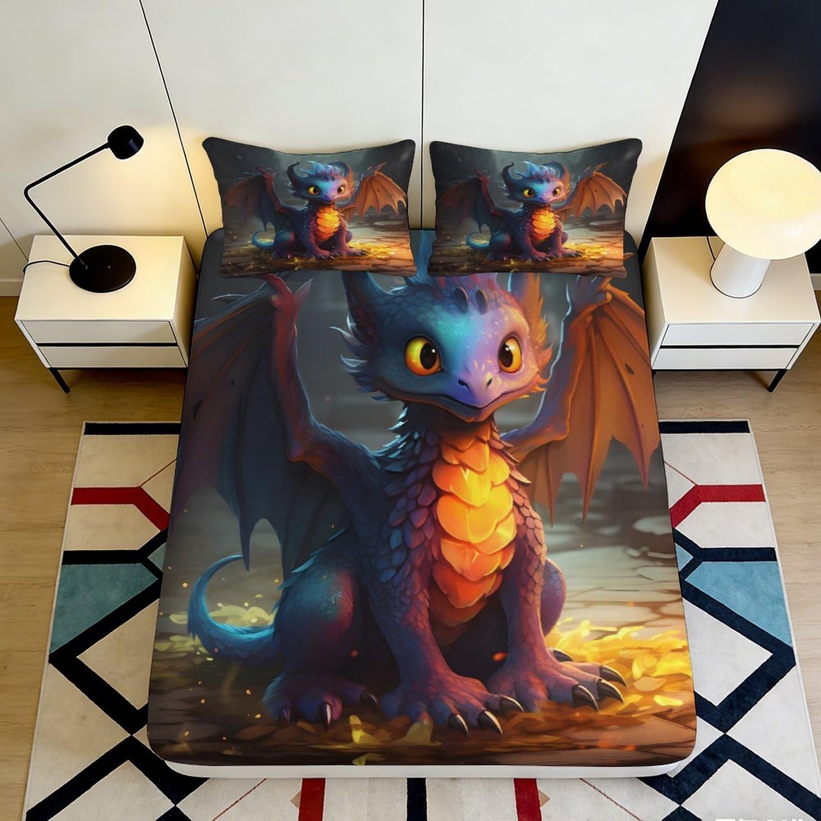 3D Printed Fantasy Dragon Fitted Sheet Microfiber Non-slip Washable Night Forest Bed Cover for Bedroom Dorm Decor 90x200x25cm