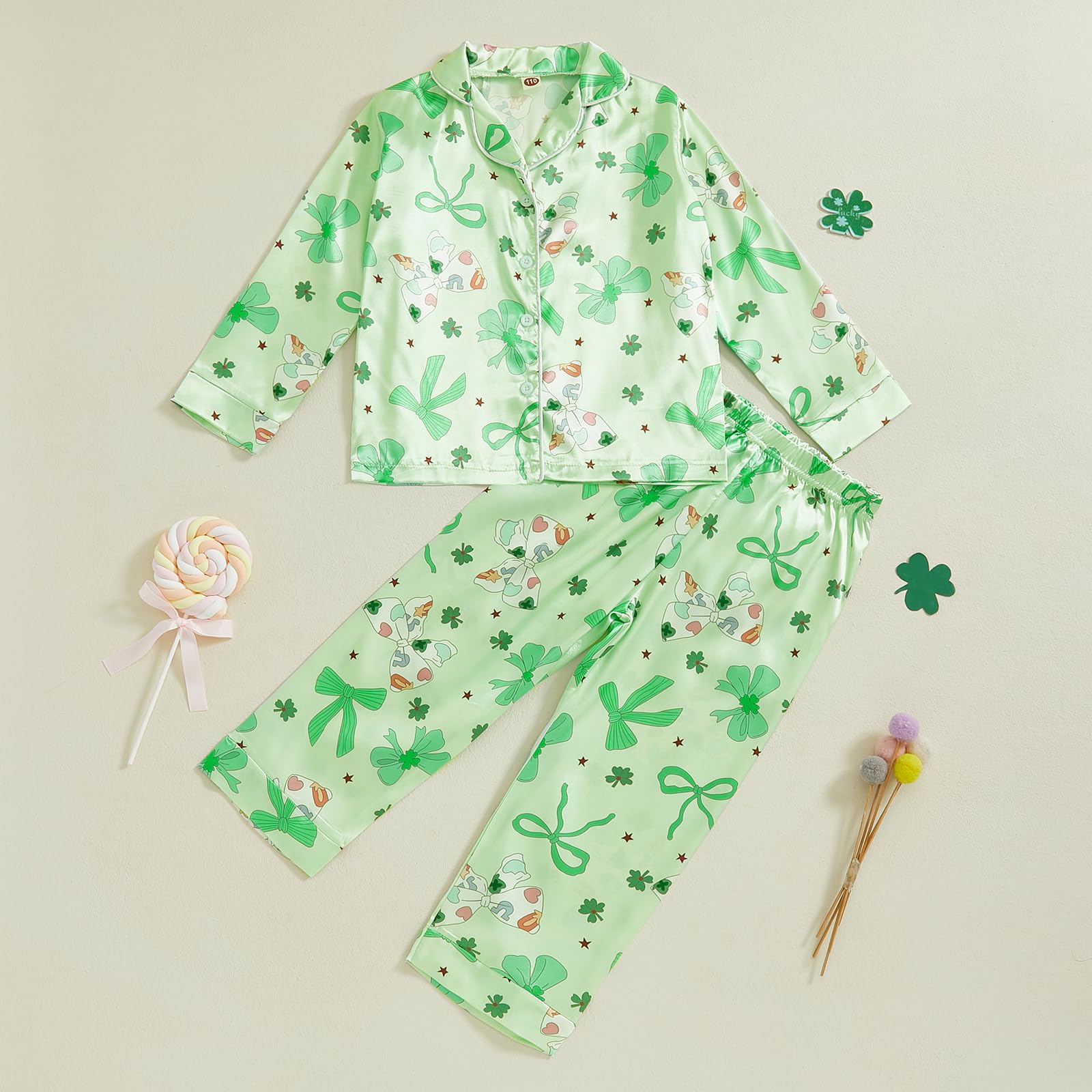 Kavousa Toddler Girl Boy Satin Silk Pajamas Bow Clover Print Pajama Set Button Down Tops Pants St Patricks Day PJs Nightgown (Clover Light Green, 1-2 Years)