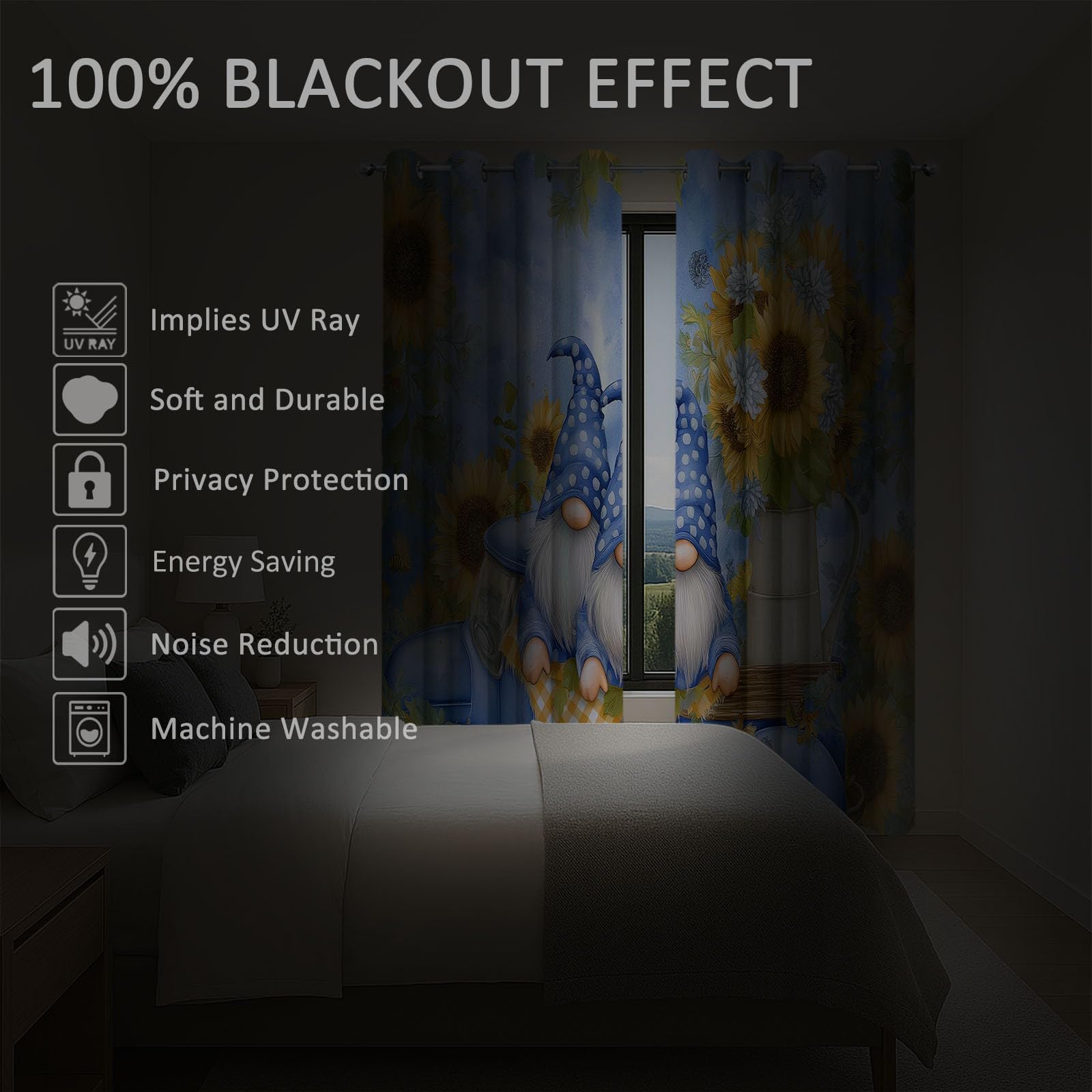 Générique Rideaux Occultants Enfant Nains Tournesols 110 x 215 cm (L x H), Isolation Phonique à Œillets Camions Abeilles, pour Chambre Garçon (2 Panneaux) Bleu Clair