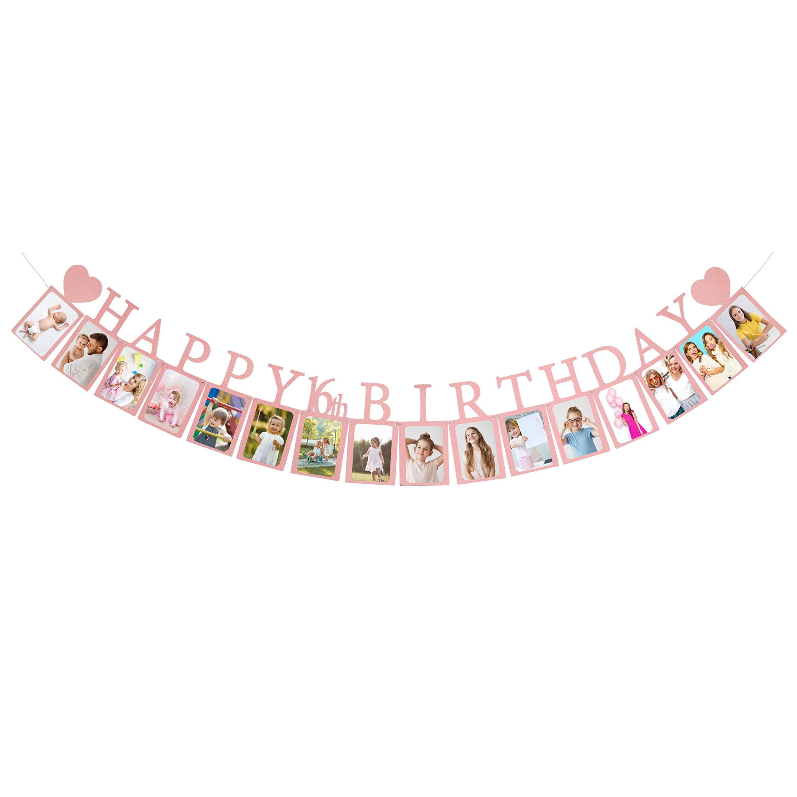 Sweet 16 Birthday Decorations Photo Banner in Rose Gold Pre-assembled - Sweet 16 Banner WITH Sixteen Photo Card Frames Party Supplies - Happy 16th birthday decorations for girls with 16 Signs