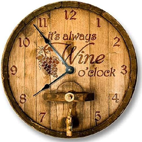 ArogGeld Its Wine O'clock - Reloj de pared con tapa de barril impreso de madera, vintage, silencioso, no 10 pulgadas, funciona con pilas, redondo,