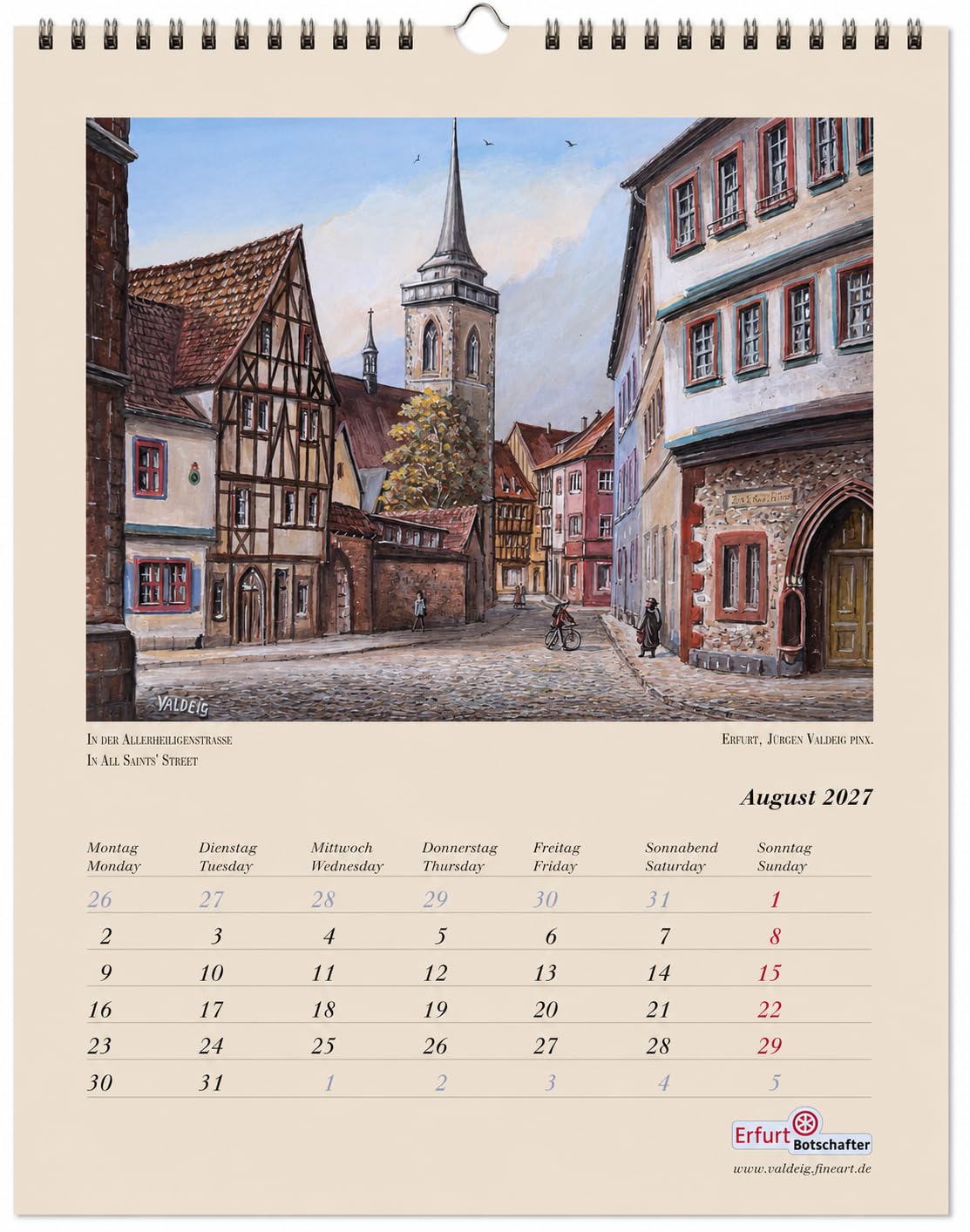 Alt-Erfurt Wandkalender 2027 - Erfurt - Stadt im Grünen Herzen Deutschlands von Jürgen Valdeig - 36 Jahre Kunstkalender mit historischen & aktuellen Motiven, Thüringen, Mittelalter, Bild Kalender