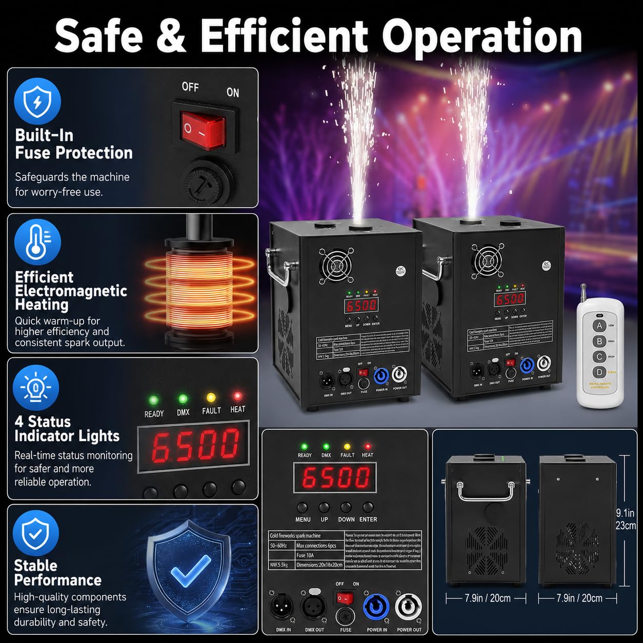 Pyrotechnikmaschine 2er Set mit Flightcase, 750W Kaltfeuerwerk Funkenmaschine DMX512 & Fernbedienung, Höhenverstellbare Bühnenmaschine für Hochzeit Party DJ Konzert, Schwarz