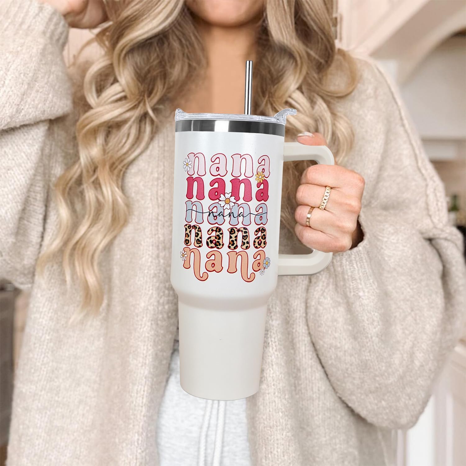 Ceovfoi 40 oz Nana Vacuum Insulated Water Bottle Travel Coffee Mug Cup Tumbler with Handle Lid and Straw, Mothers Day Nana Gifts for Grandmother - Image 7