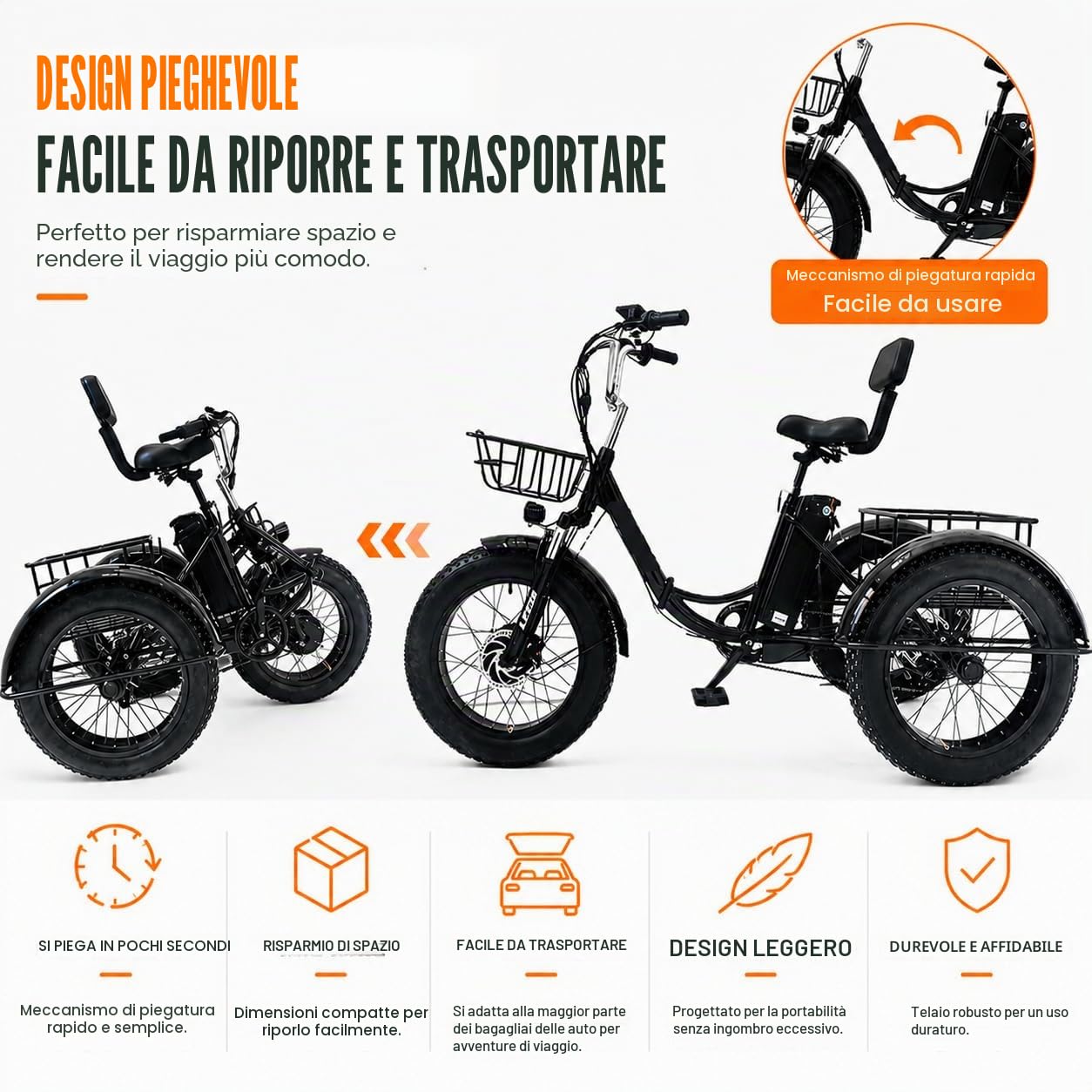 Triciclo Elettrico a Pedalata Assistita Da 20 Pollici - Pieghevole,Con Pneumatici Larghi,Cestini Portapacchi Anteriori E Posteriori,Display Digitale Lcd,Triciclo Elettrico per Adulti,Massima:200 Kg