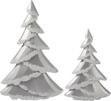 RM ROOMERS Christmas Tree Figurines, Tabletop Christmas Trees, Set of 2 Sparkling Glittered Silver Statues - Wooden Decorative Centerpieces for Desk, Mantel, Entryway, Rustic Holiday, Home Decor