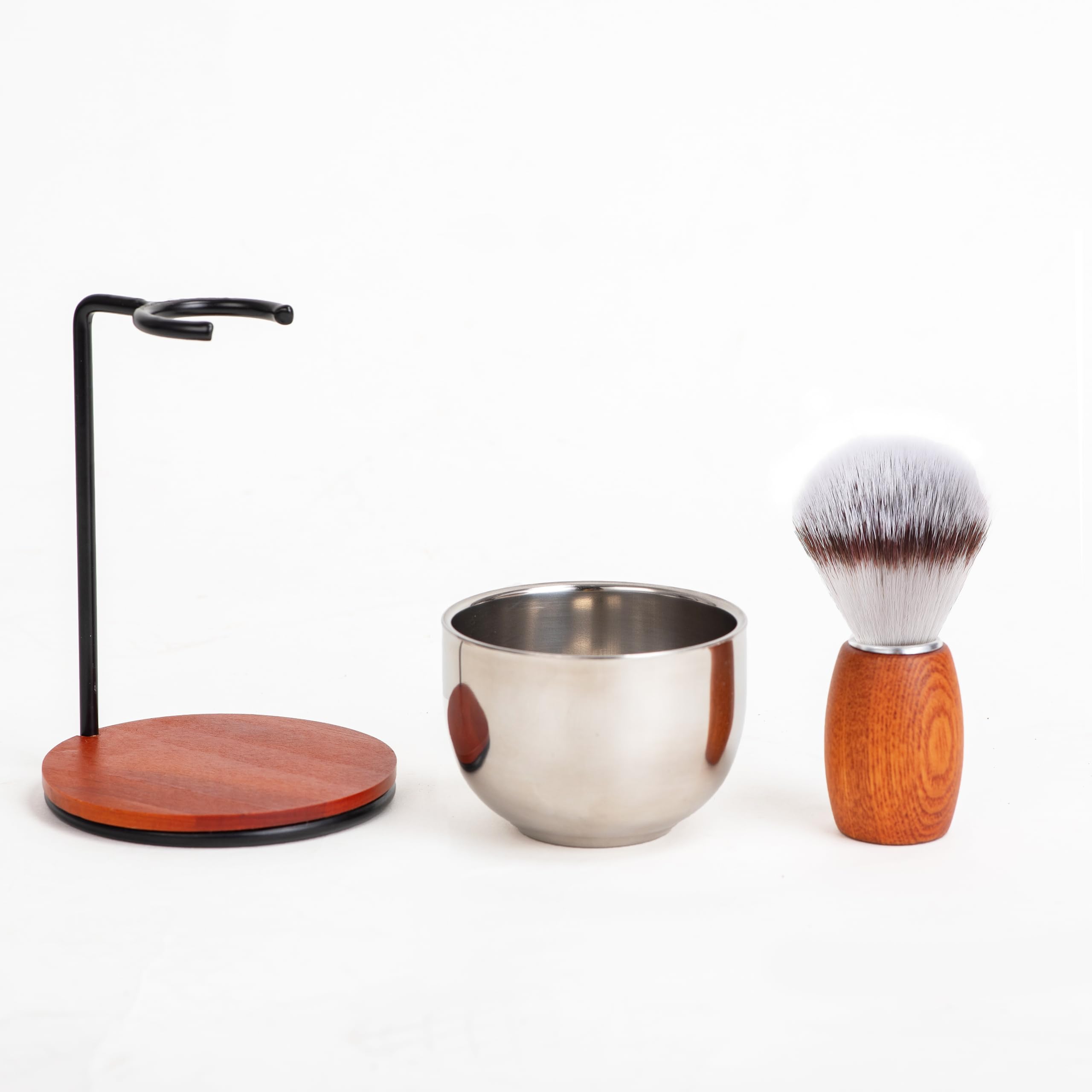 Shaving Brush Set for Men, 3pcs Wooden Handle Shaving Brush with Stand and Steel Bowl