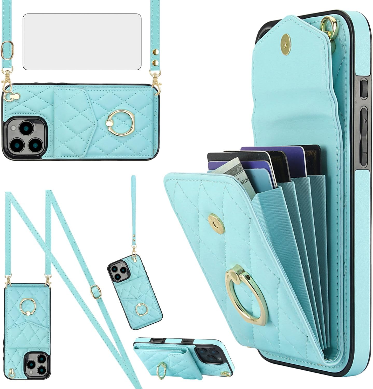 Asuwish Compatible with iPhone 16 Pro 6.3 inch Wallet Case Tempered Glass Screen Protector and Wrist Strap Ring RFID Blocking Card Holder Cell Phone Cover for i Phone16 i16 16Pro Women Girls Off White