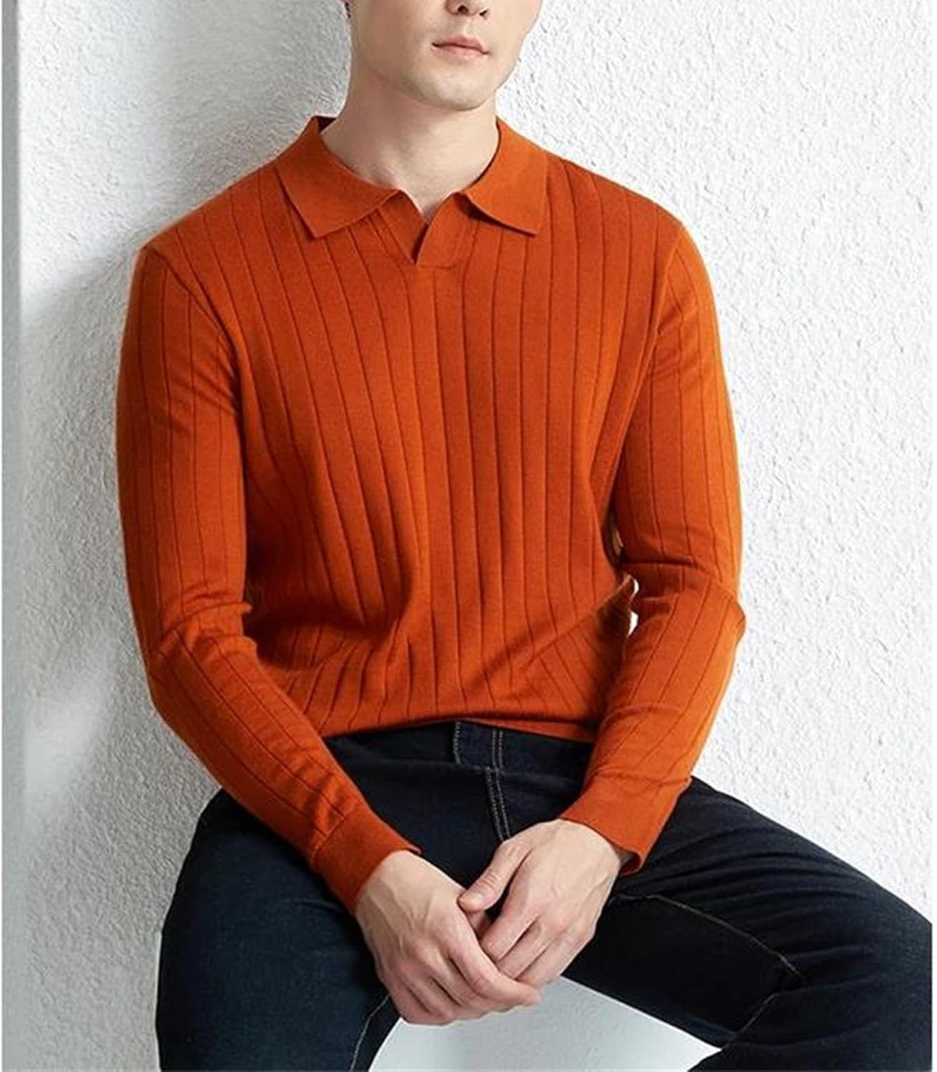 Men's Wool Sweater Winter Casual Solid Color Long-Sleeved Knitted Sweater Lapel Wool Shirt