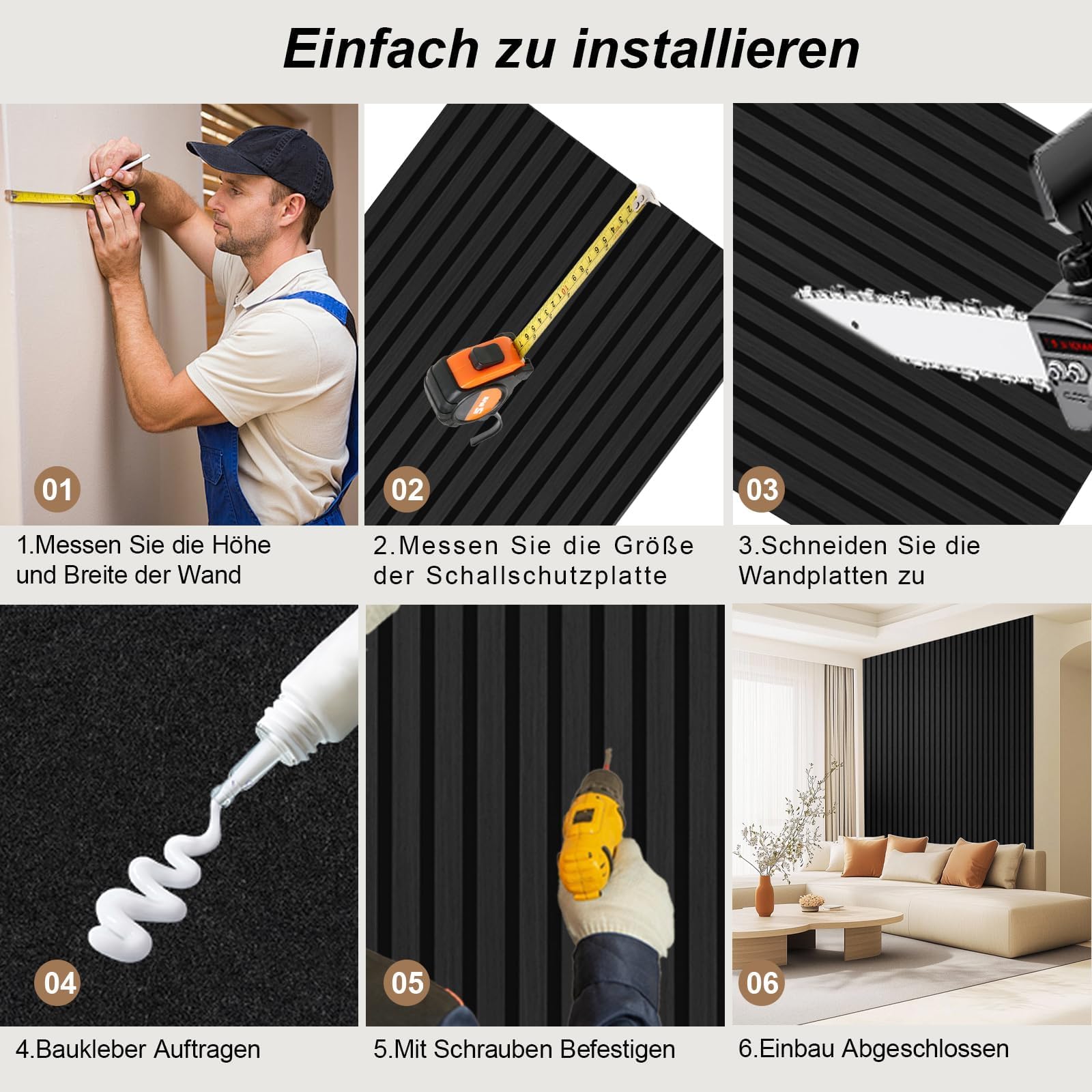 AKK-PANE Akustikpaneele Holz 120x60cm, 2 Stück 1,44m² - 3D Wandpaneele Holz, Akustik Paneele Wand für Küche, Wohnzimmer, Büro, Umweltfreundlich Holzpaneele Wand mit Schalldämpfung(Mirage Schwarz 22#)