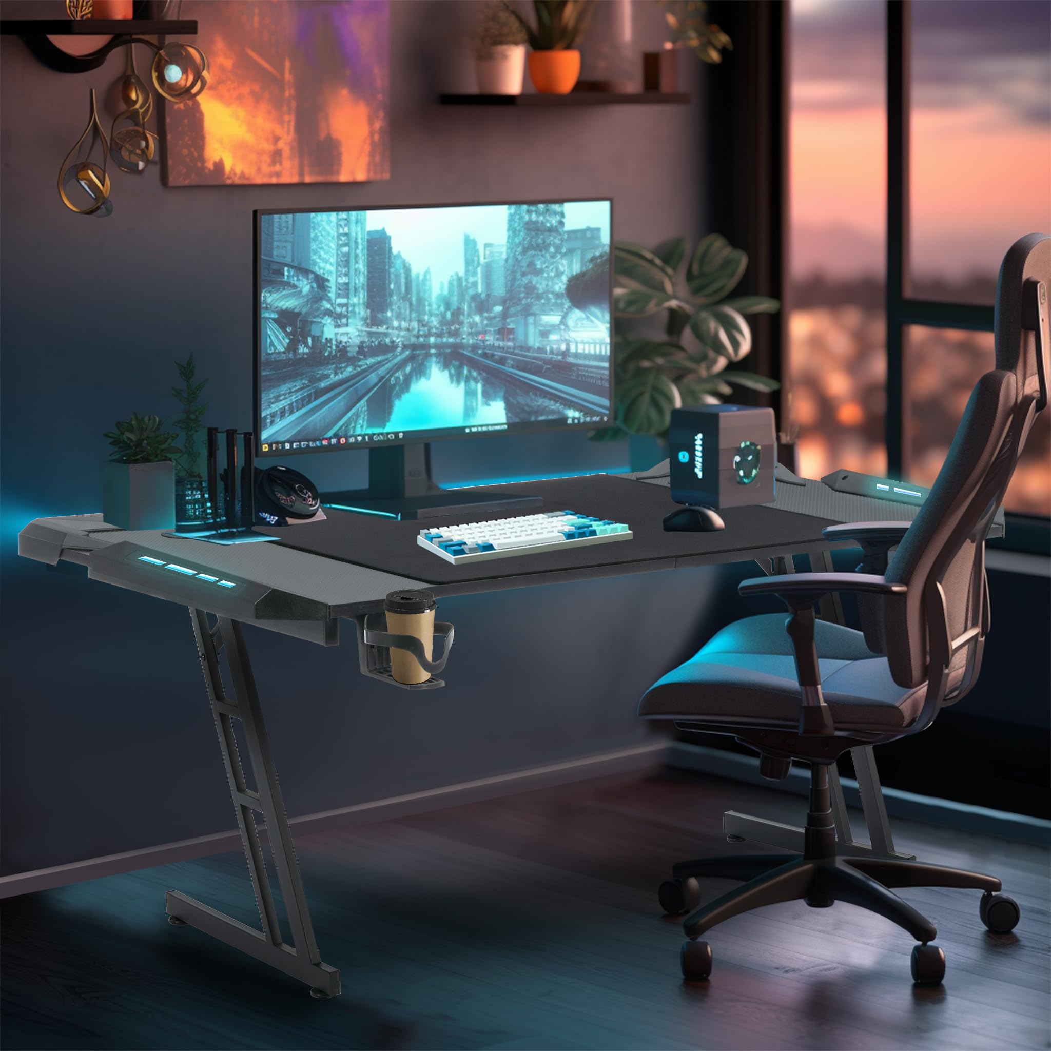 120 x 60cm Gaming Schreibtisch Gaming Schreibtisch mit RGB LED - Kopfhörerhaken und Getränkehalter Schwarz C