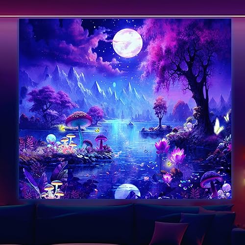Miniatura 8 de Atrippy Tapiz de pared de hongos y mariposas para dormitorio, tapiz de pared de bosque de agua, montaña, estético, fantasía, naturaleza, paisaje,