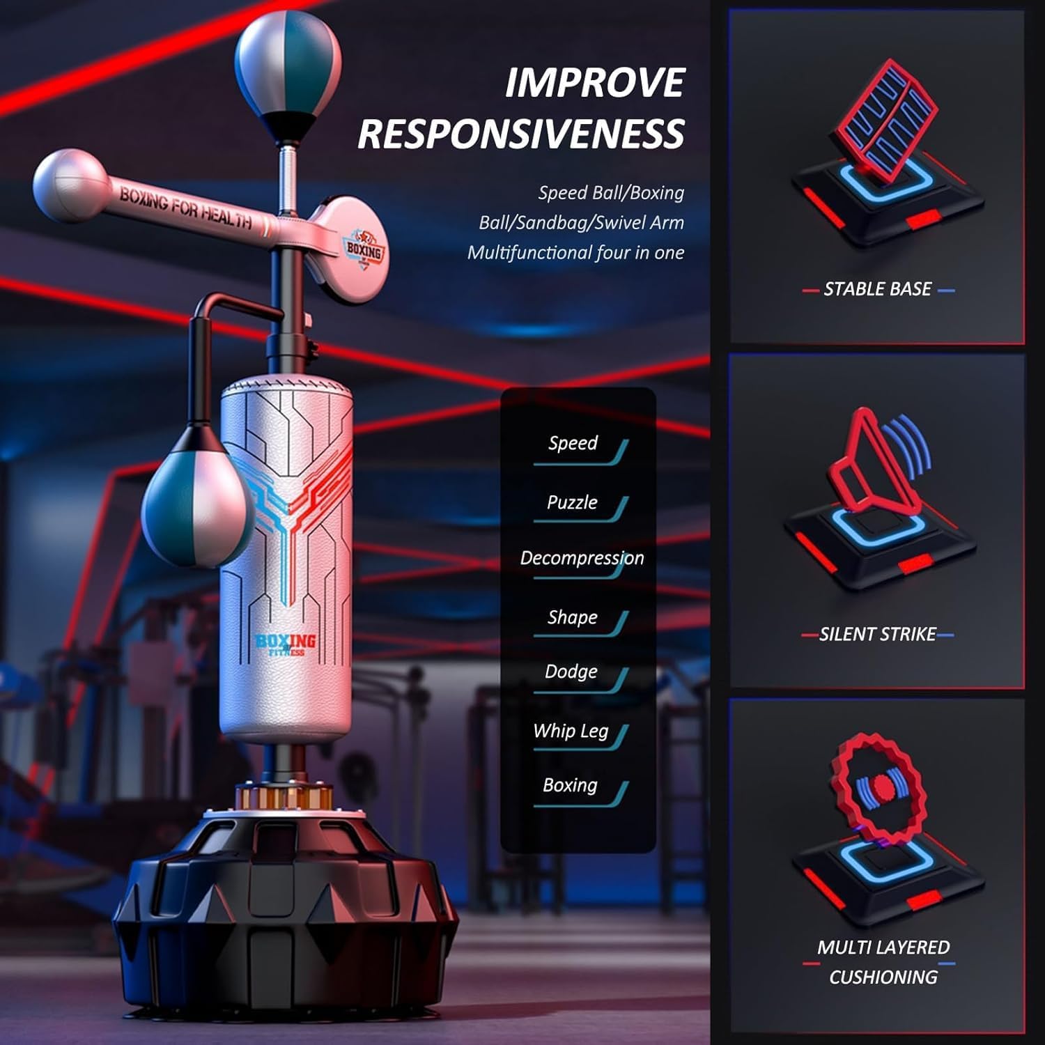 Speed Ball/Swing Arm/Sandbag Freestanding Boxing Bag, 360° Swing Bar Punchng Sport Sand Bag, 160-200cm Height Adjustable Fitness Training Equipment, Home Gym Fitness Training Reaction Target