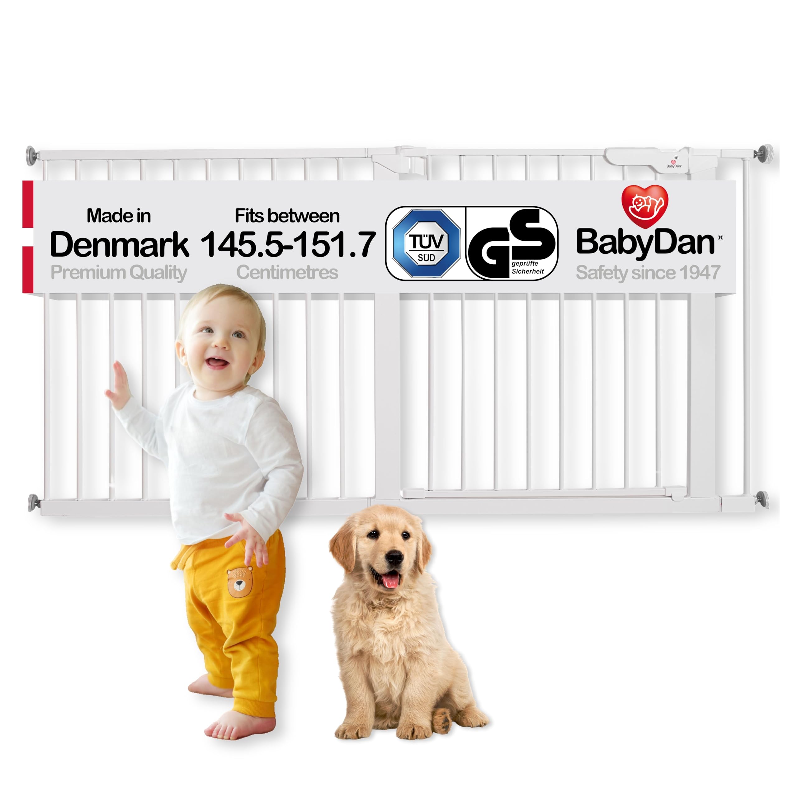 BabyDan Premier, Extra breit Ohne bohren Treppenschutzgitter, 145,5-151,7 cm, Babygitter/Sicherheitsgitter, Metall, Weiß, Hergestellt in Dänemark - (Haustiergitter/Hundegitter)