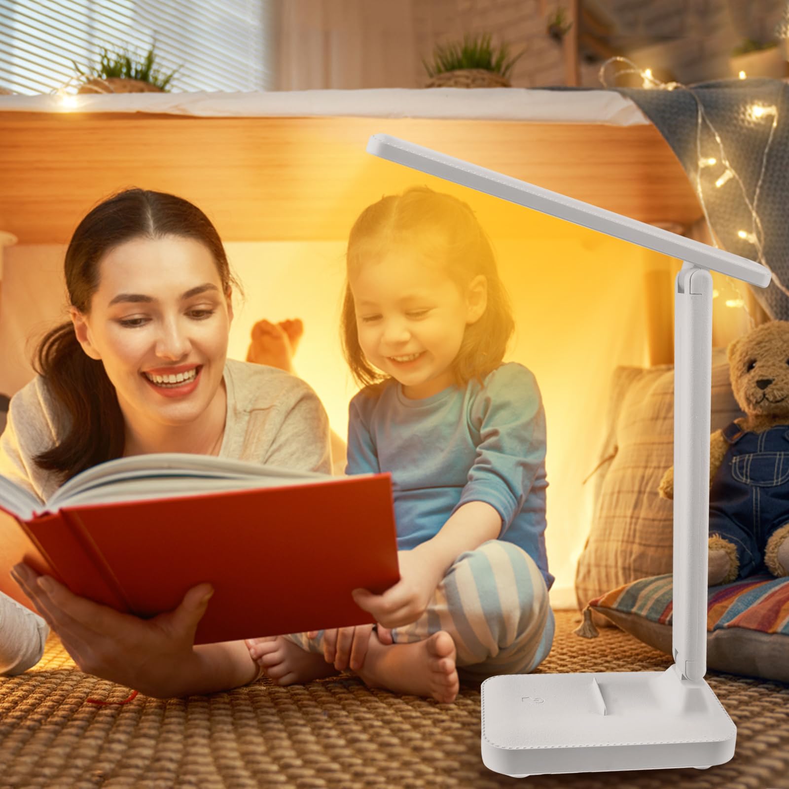UKOFEW Lámpara Escritorio Led, Flexo Lamparas de Mesita de Noche, Plegable Lampara de Mesa, Ajustable Lamparas sin Cables 3 Modos y Atenuación Anómala para Cama,Oficina,Leer,Estudiar,Nocturna(Blanco)