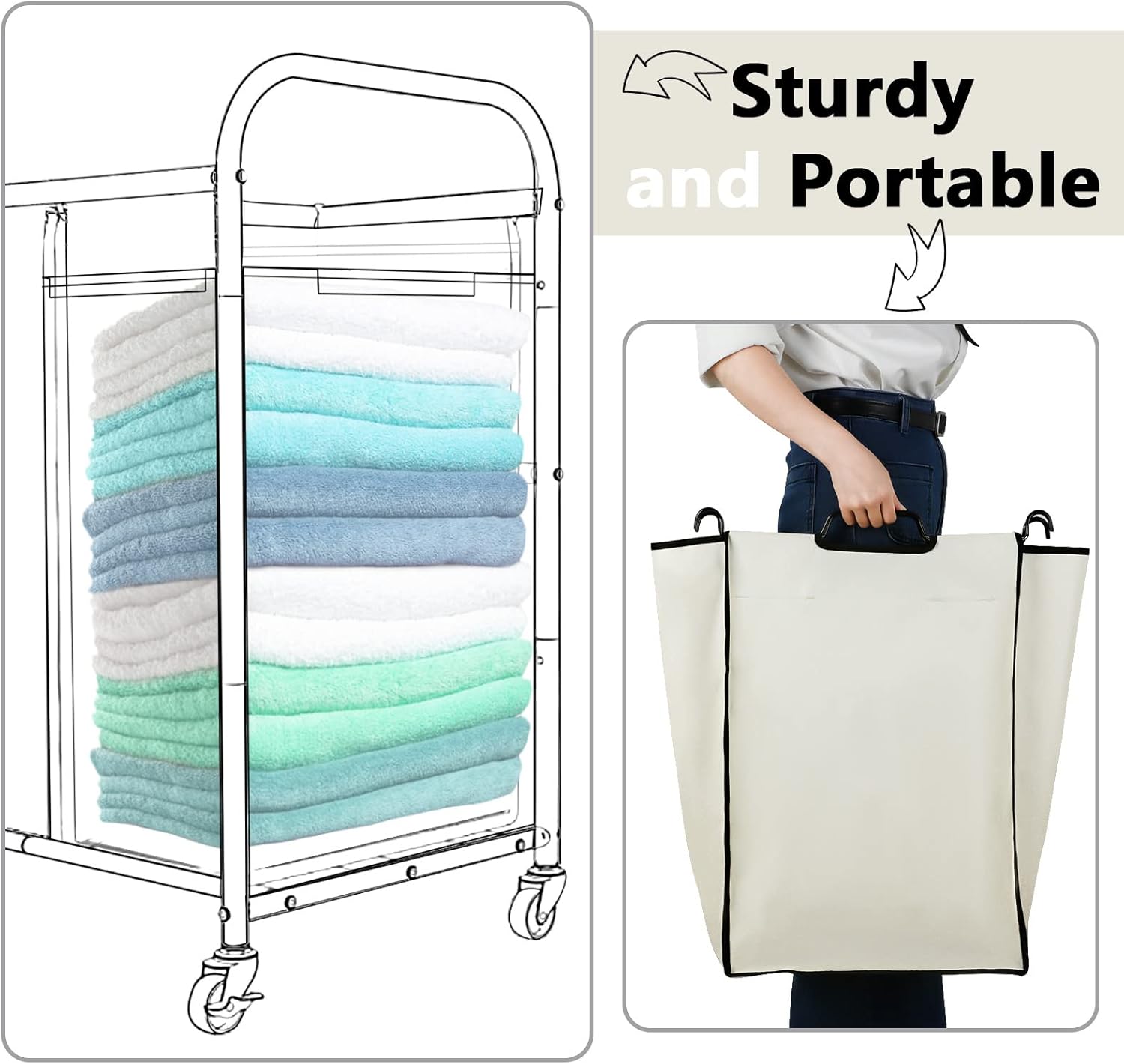 Bonuci 4 Pcs Laundry Sorter Replacement Bags Hamper Cart Removable Replacement Laundry Storage Organizer Bag Hamper Liner, No Hooks 14.76 x 8.66 x 21.65 Inch (Beige)