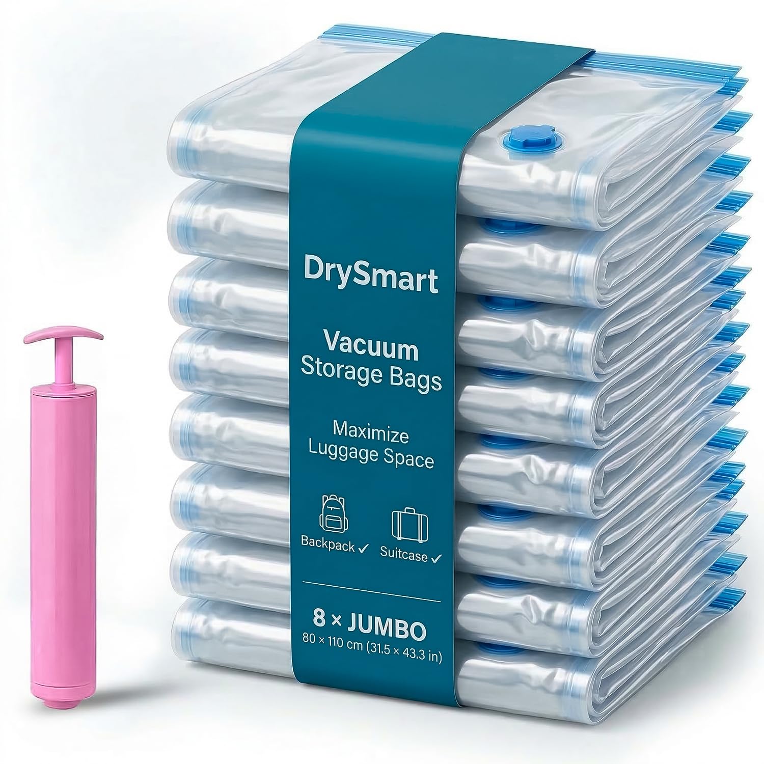 Drysmart Jumbo(80 X 110Cm) 8 Vacuum Storage Bags With Hand Pump, (80 X 110Cm) Jumbo Compression Storage Pack With Zip Seal, Space Saver Vacuum Pack Bags For Clothes, Bedding, Blankets, Luggage, Travel & Home