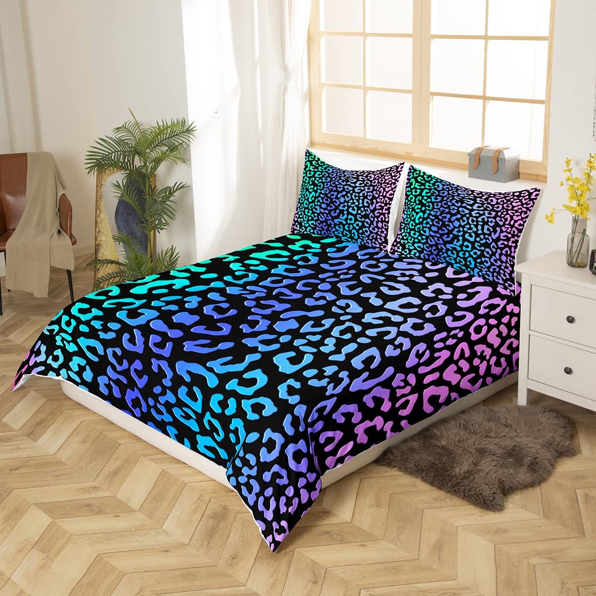Homemissing Leopard Print Duvet Cover Set Glitter Cheetah Print Bedding Set for Kids Boys Girls Wild Animal Decor Comforter Cover Set Microfiber Geometric Bedspread Cover Ombre Bedclothes Single - Image 2